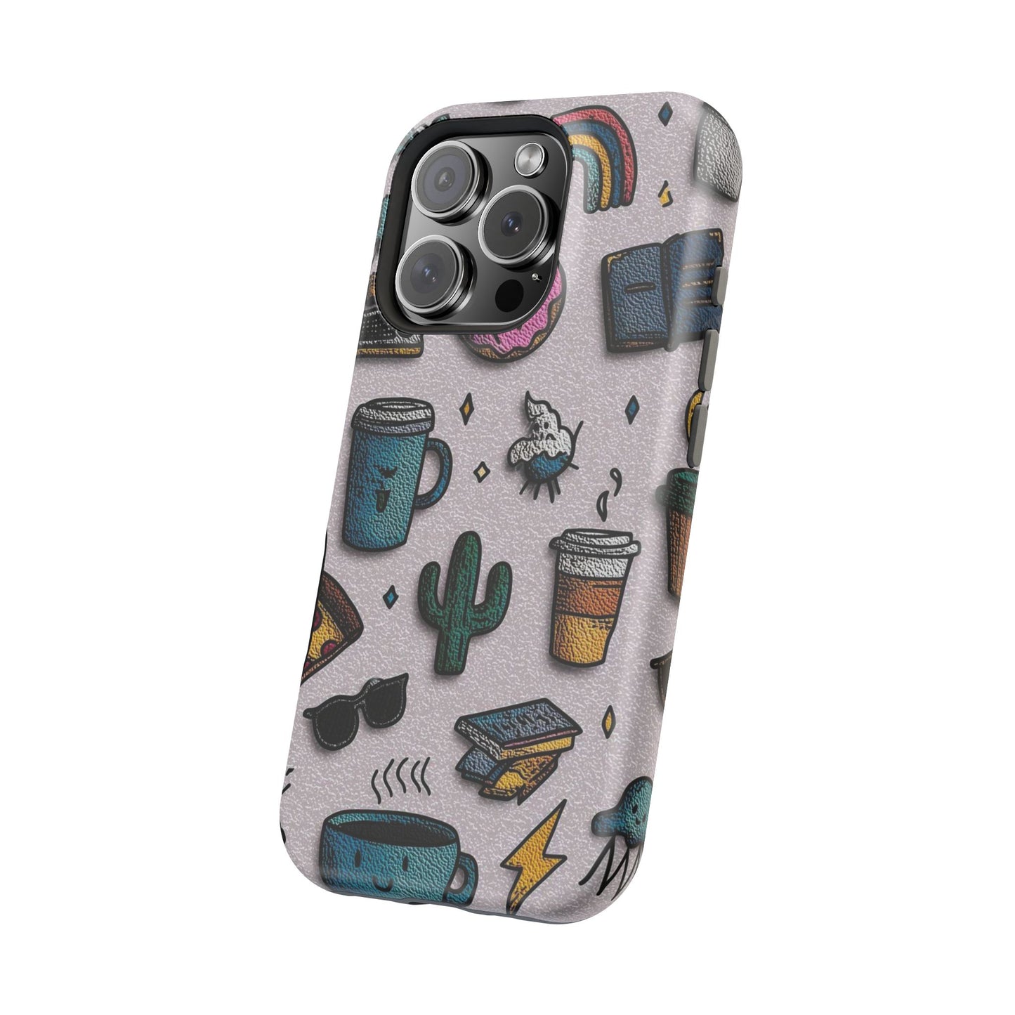 Cute Doodle Phone Case — Magnetic Impact-Resistant Design (coffee, rainbow, cactus)