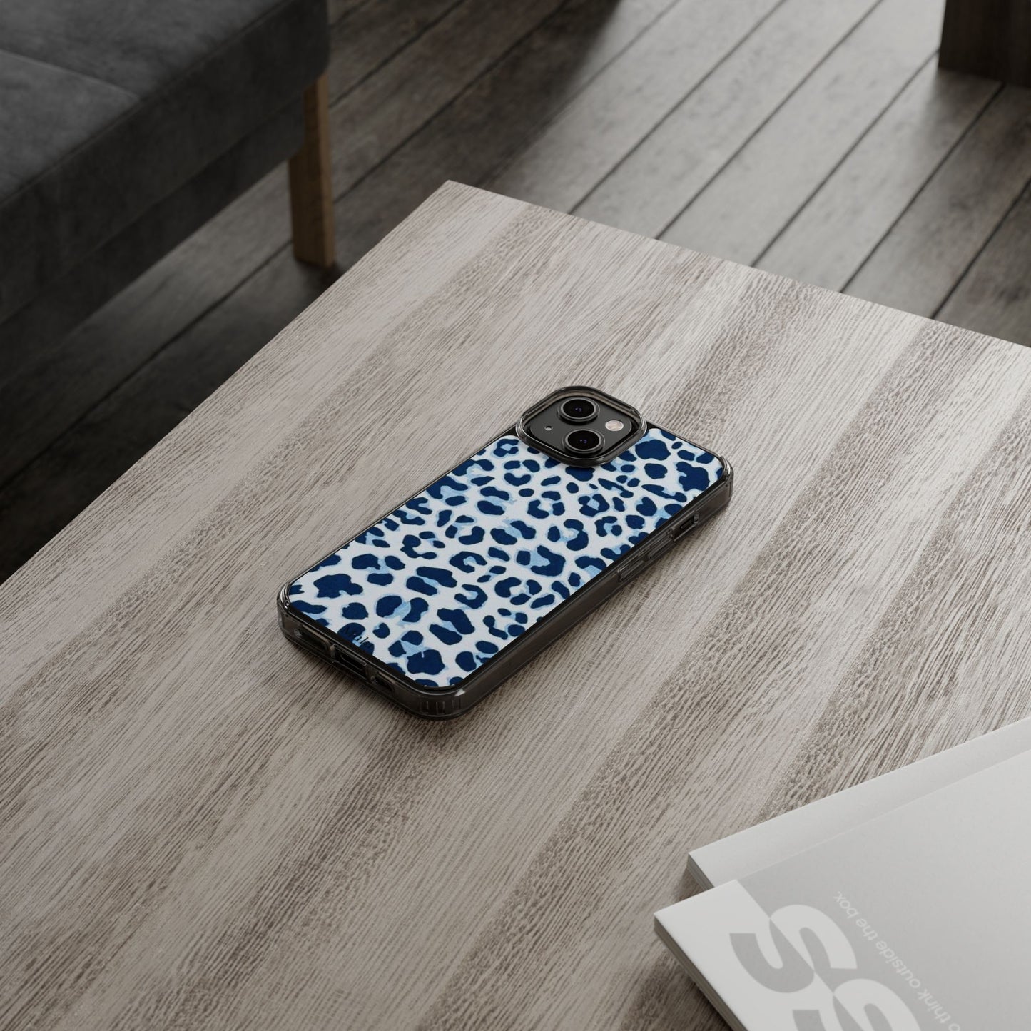 Clear Impact-Resistant Phone Case — Blue Watercolor Leopard Print