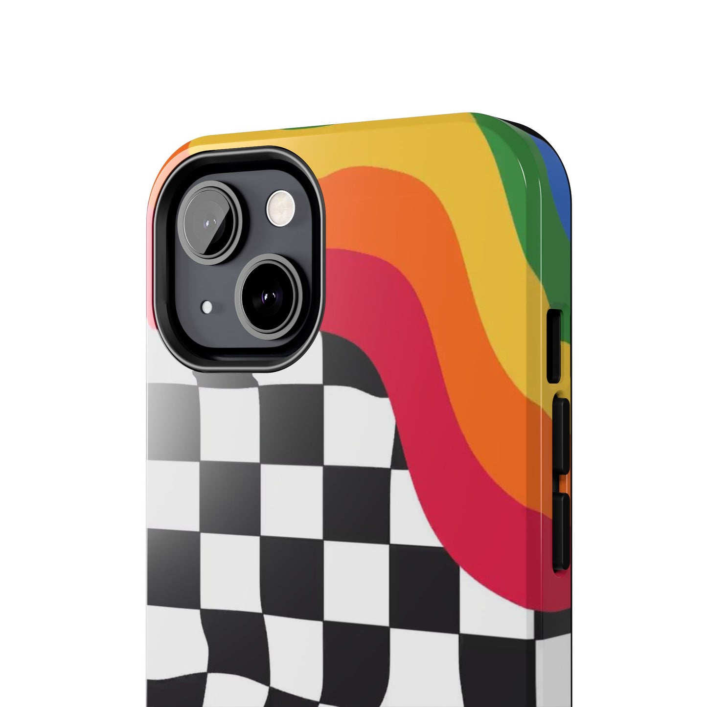 Retro Wavy Checkerboard Tough Phone Case — Rainbow Surf Skate Design