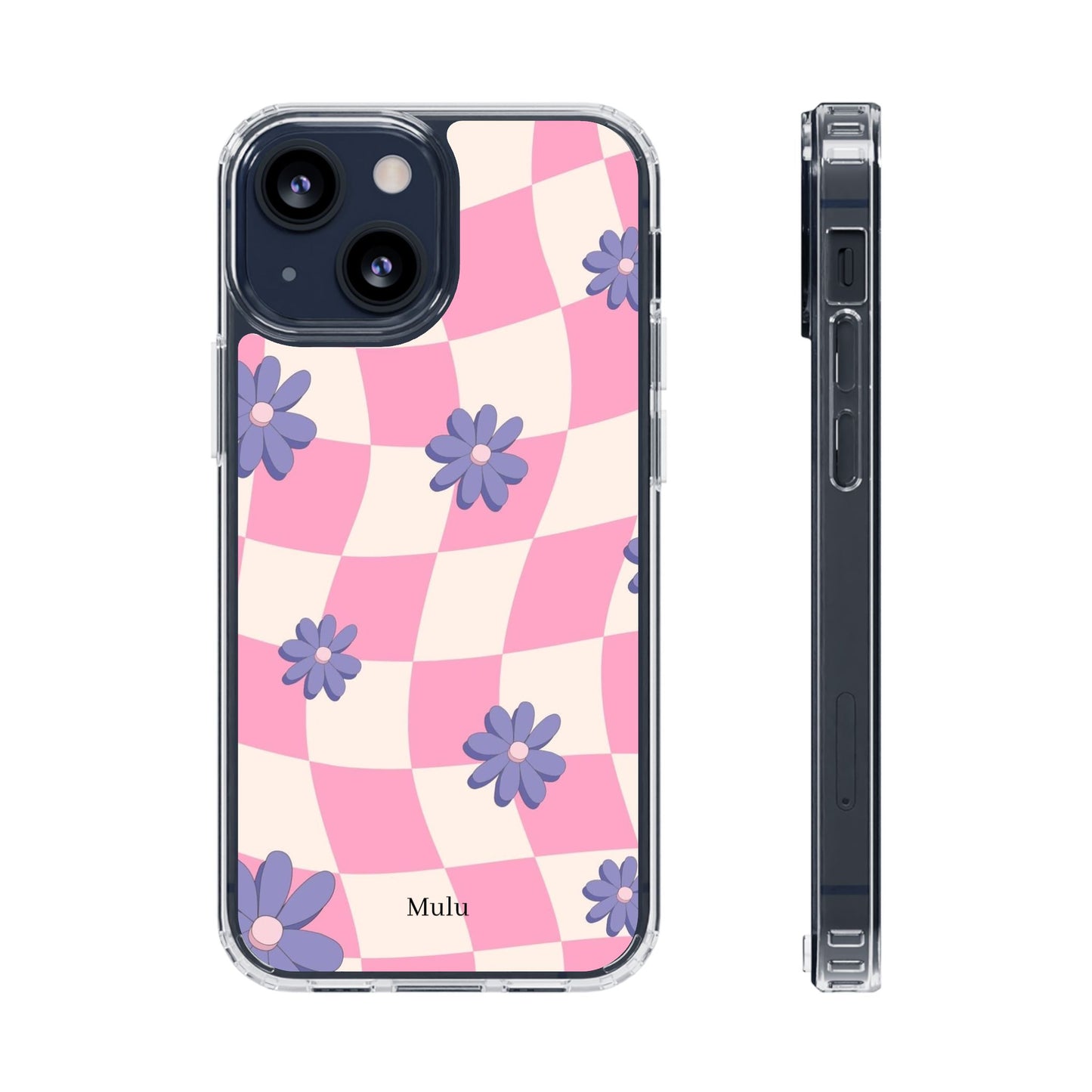 Clear Impact Phone Case — Pink Checkerboard with Purple Flowers