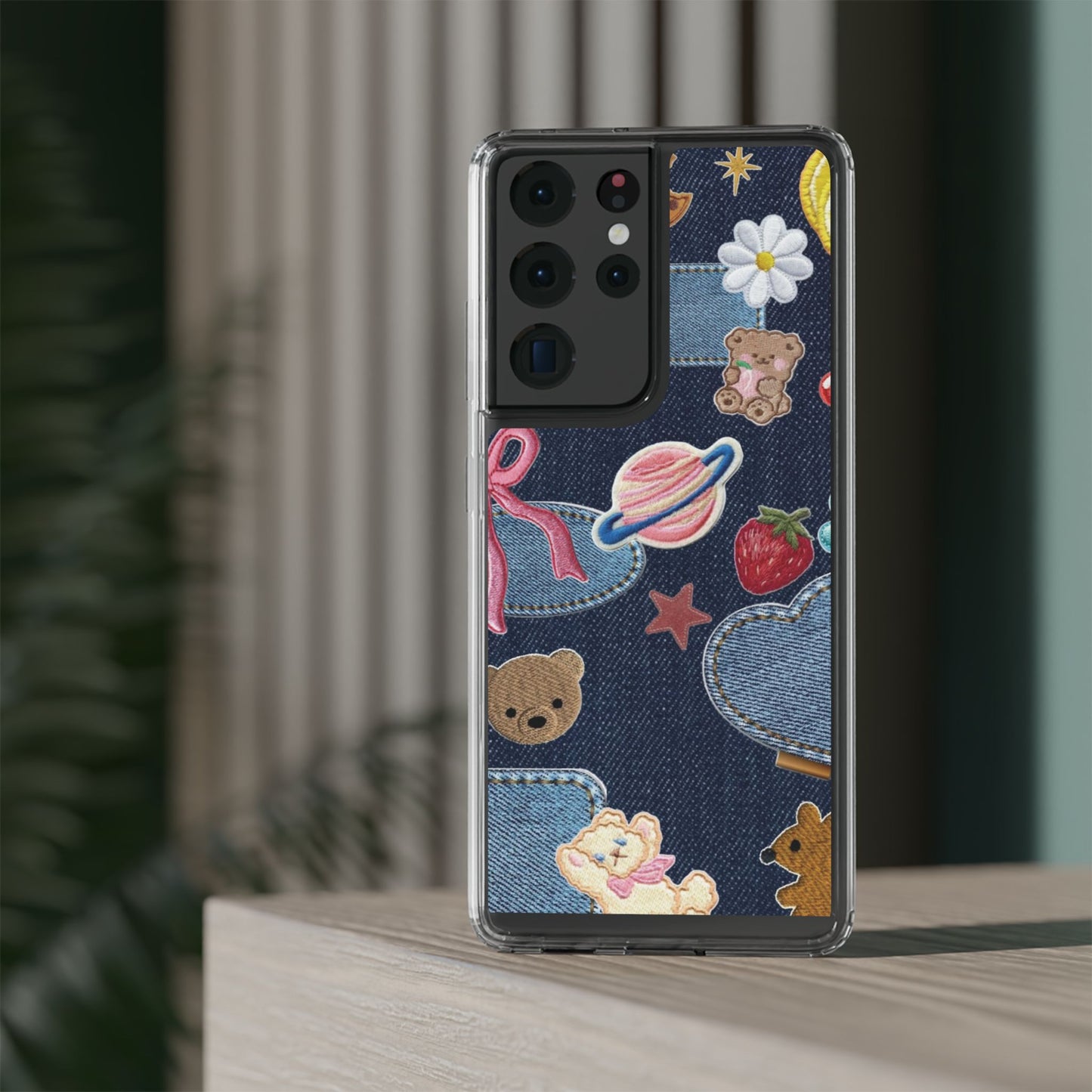 Clear Impact-Resistant Phone Case — Cute Denim Patch Collage (Teddy, Strawberry, Planet)