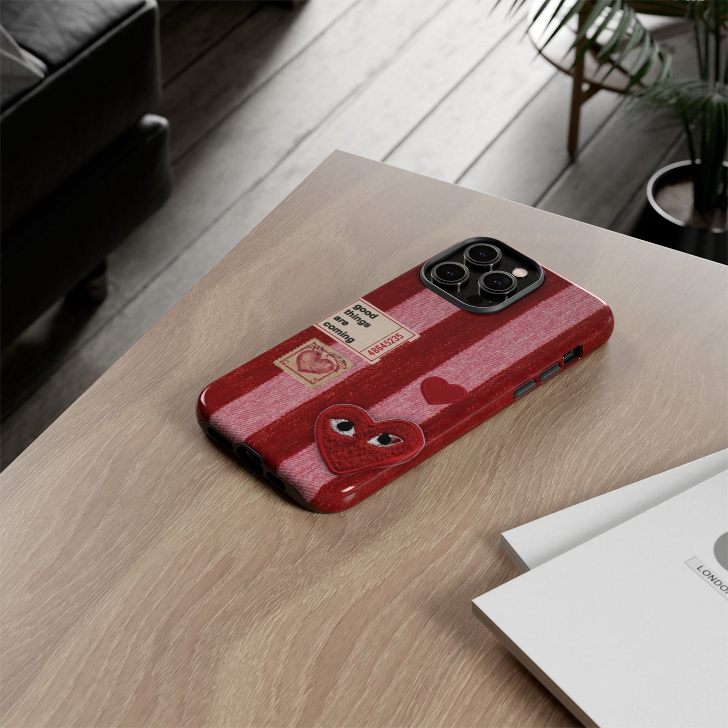 Phone Case — Red Striped Heart Design with “Good Things Are Coming”