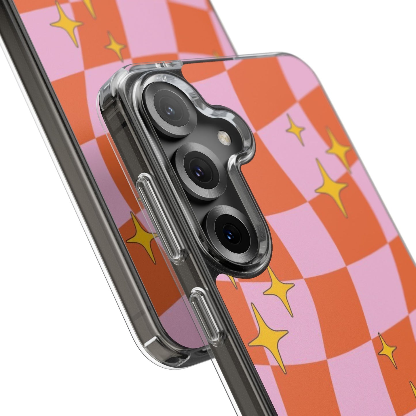 Clear Impact-Resistant Case — Retro Pink & Orange Checker with Sparkle Stars