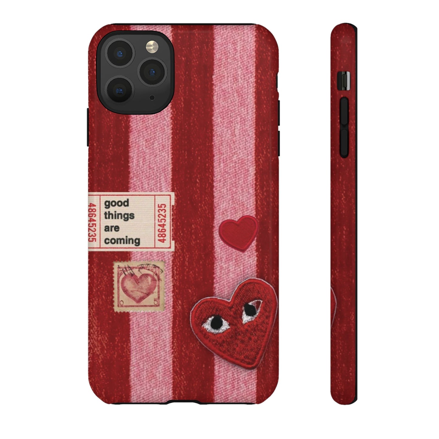 Phone Case — Red Striped Heart Design with “Good Things Are Coming”
