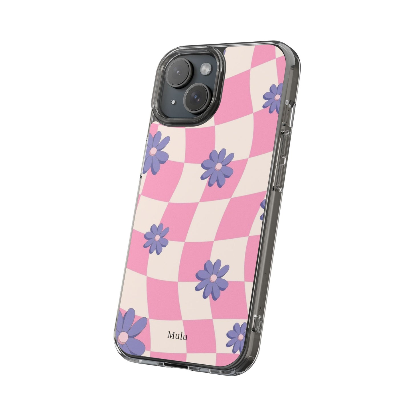 Clear Impact Phone Case — Pink Checkerboard with Purple Flowers