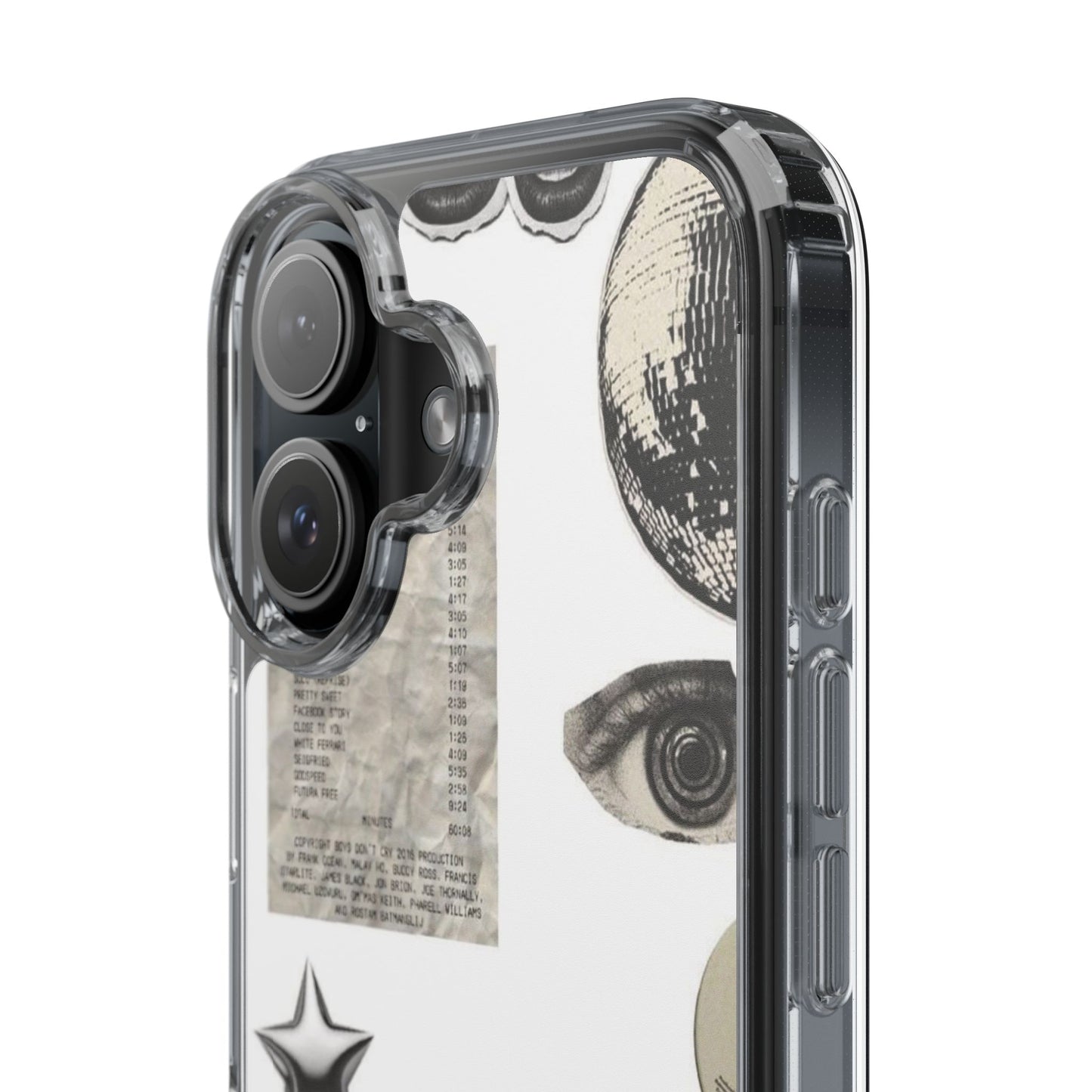 Clear Phone Case — Vintage Collage Stickers (Moon, Eye, Car, Cherries)