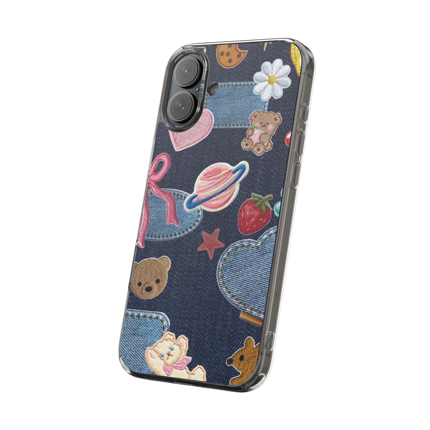 Clear Impact-Resistant Phone Case — Cute Denim Patch Collage (Teddy, Strawberry, Planet)