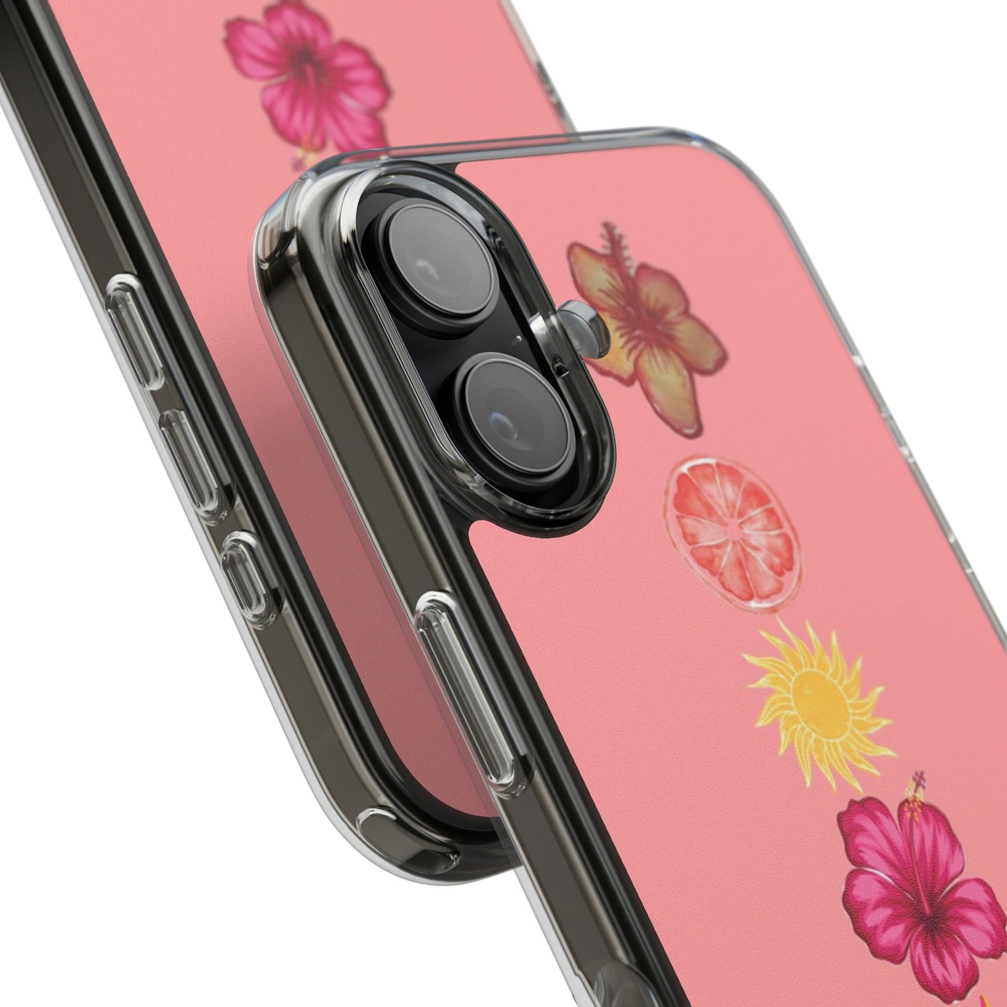 Clear Impact-Resistant Phone Case — Tropical Sun & Hibiscus Floral Design