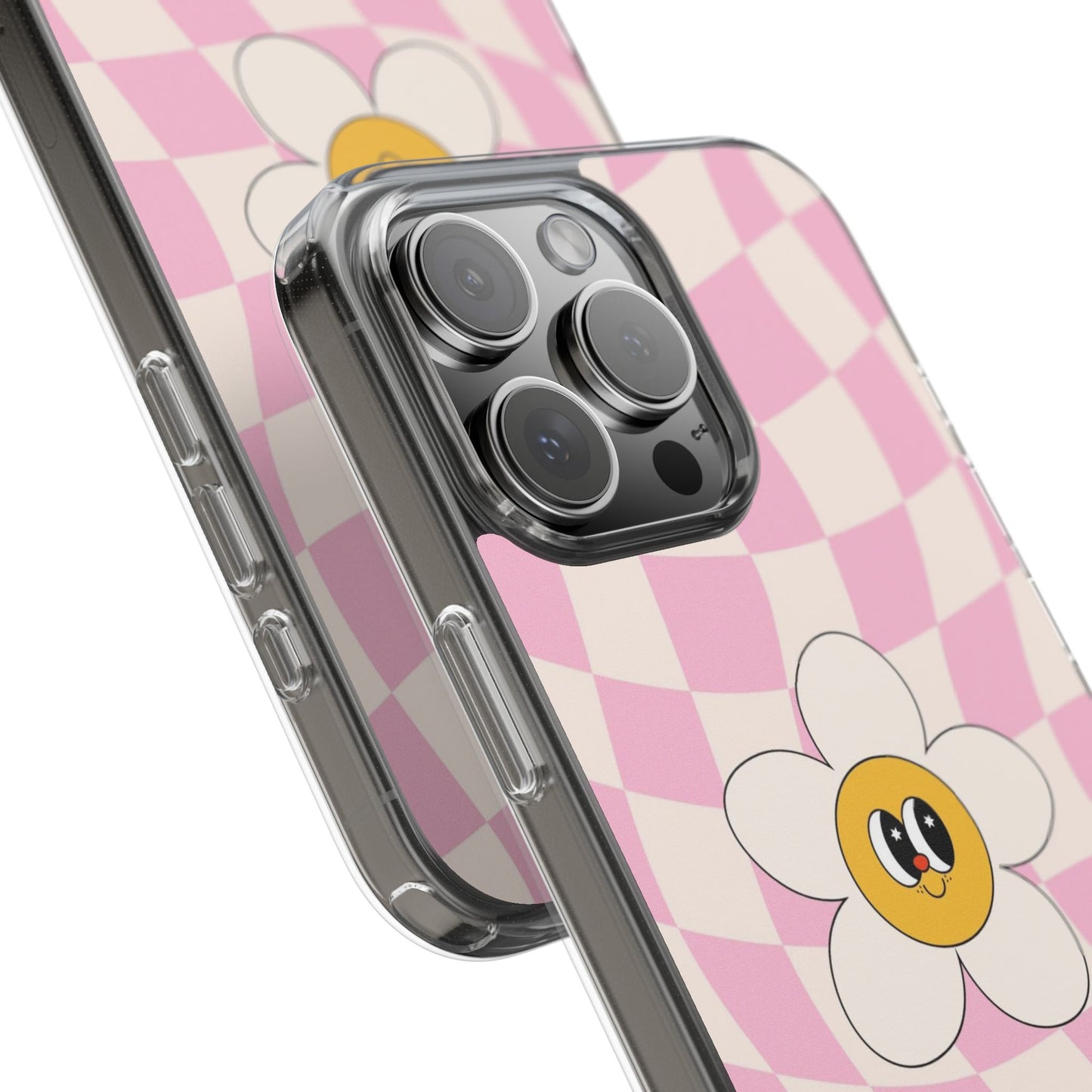 Clear Impact-Resistant Phone Case — Pink Checkerboard Daisy Design