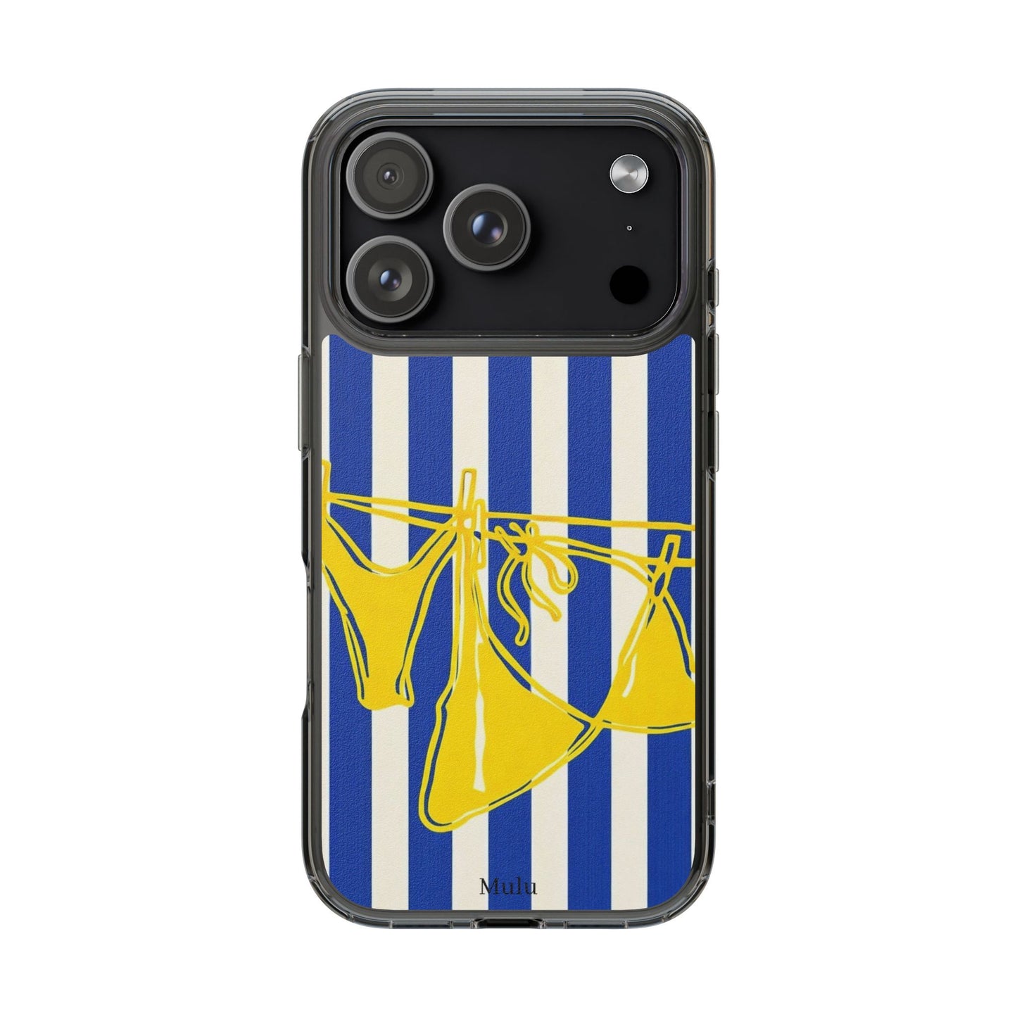 Striped Beach Bikini Phone Case — Yellow Swimwear on Blue & White Stripes, Clear Impact-Resistant