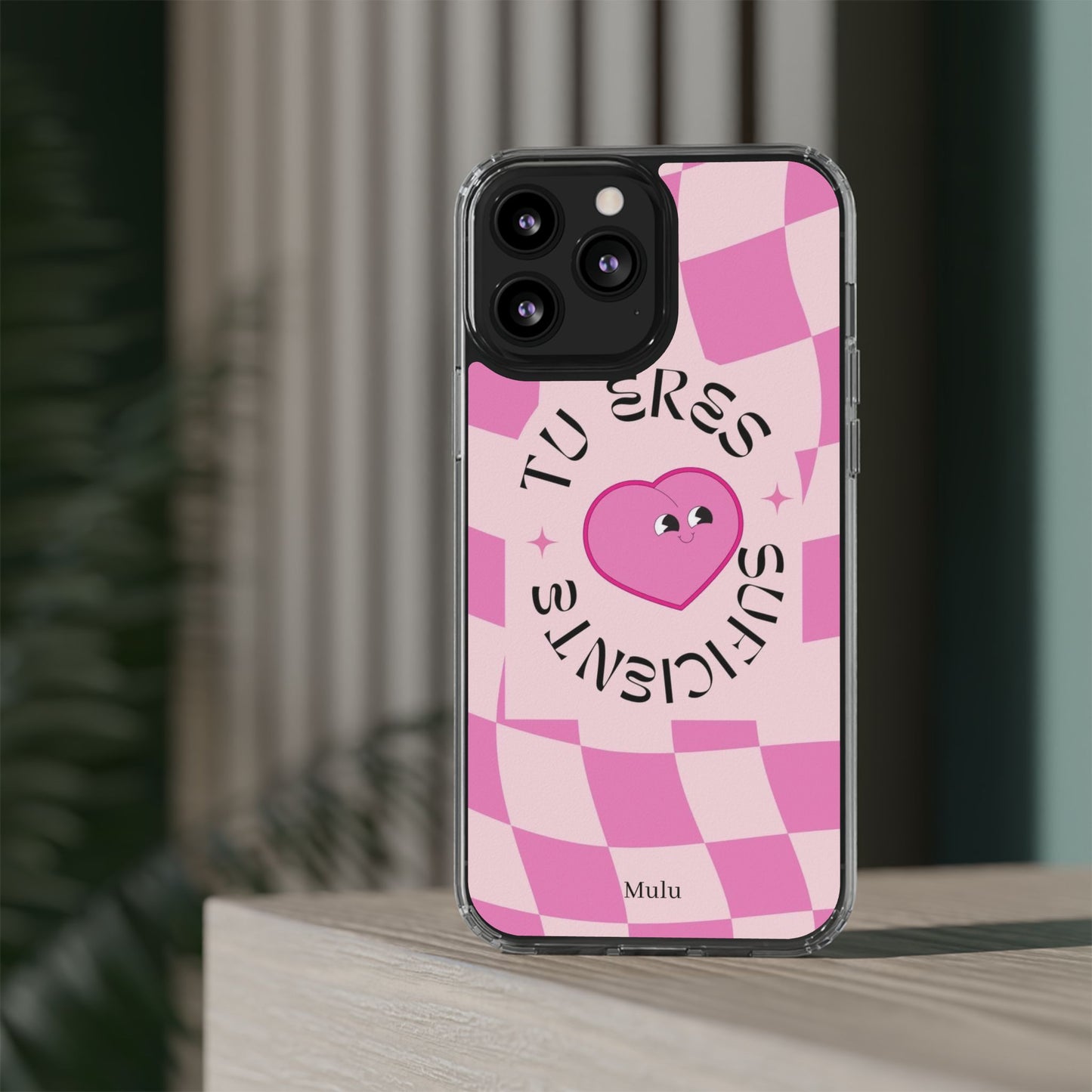 Clear Impact-Resistant Phone Case — Pink Checkerheart “Tu Eres Suficiente” Design
