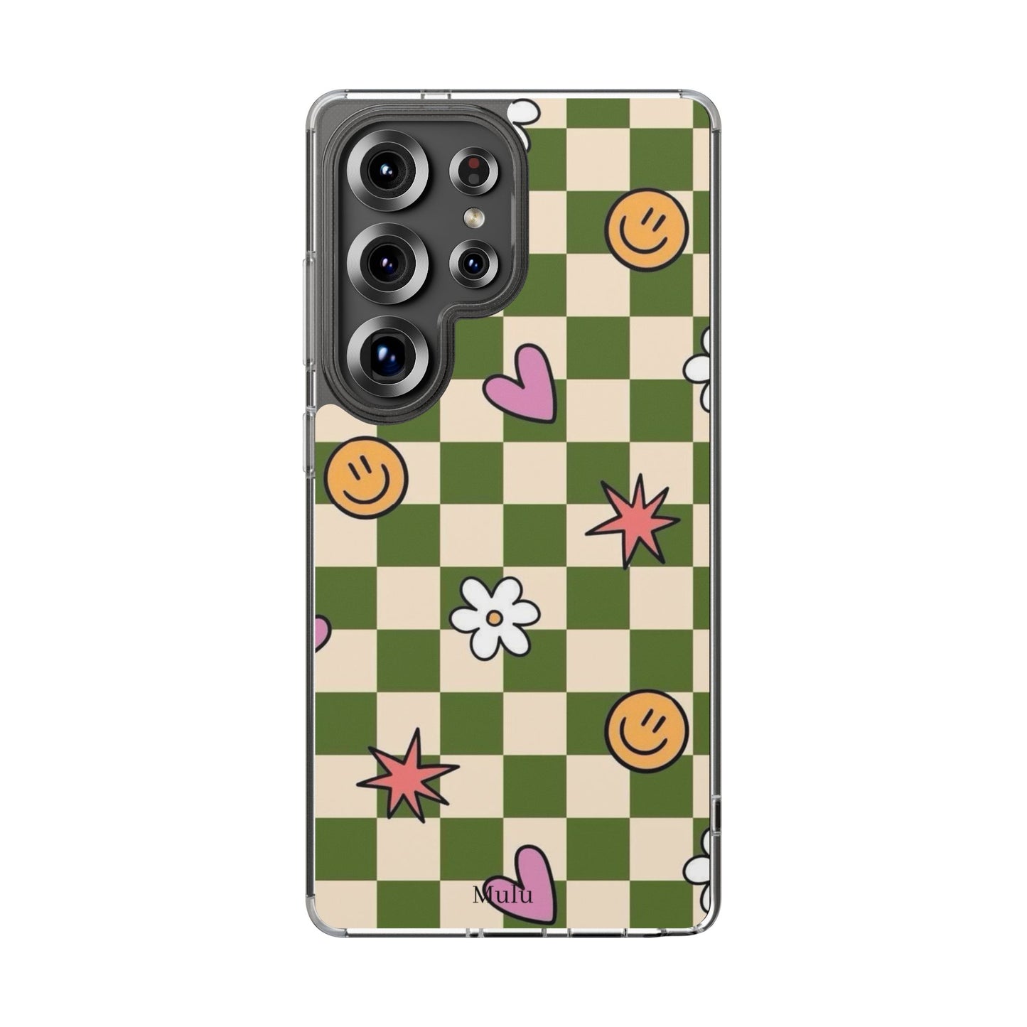Clear Impact-Resistant Case — Retro Green Checkerboard with Smiley, Hearts & Flowers