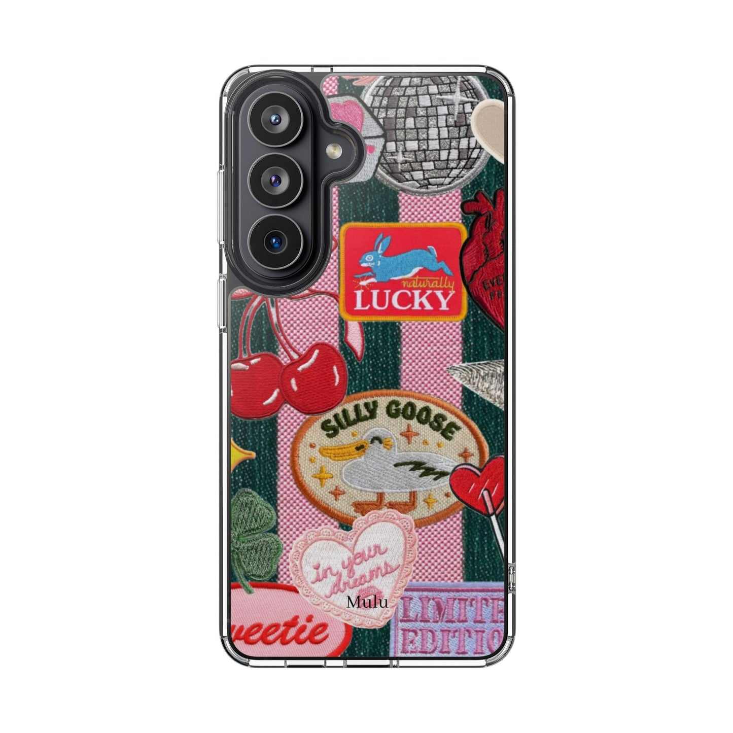 Clear Impact-Resistant Phone Case — Retro Patchwork Stickers (Lucky, Cherries, Silly Goose)