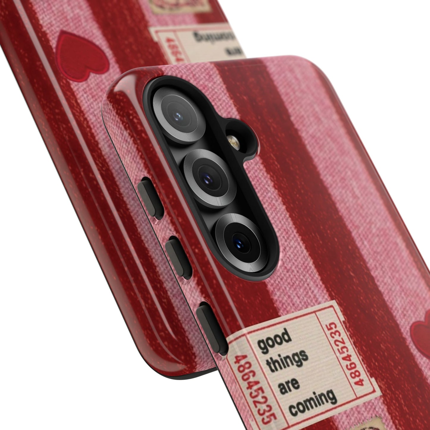 Phone Case — Red Striped Heart Design with “Good Things Are Coming”