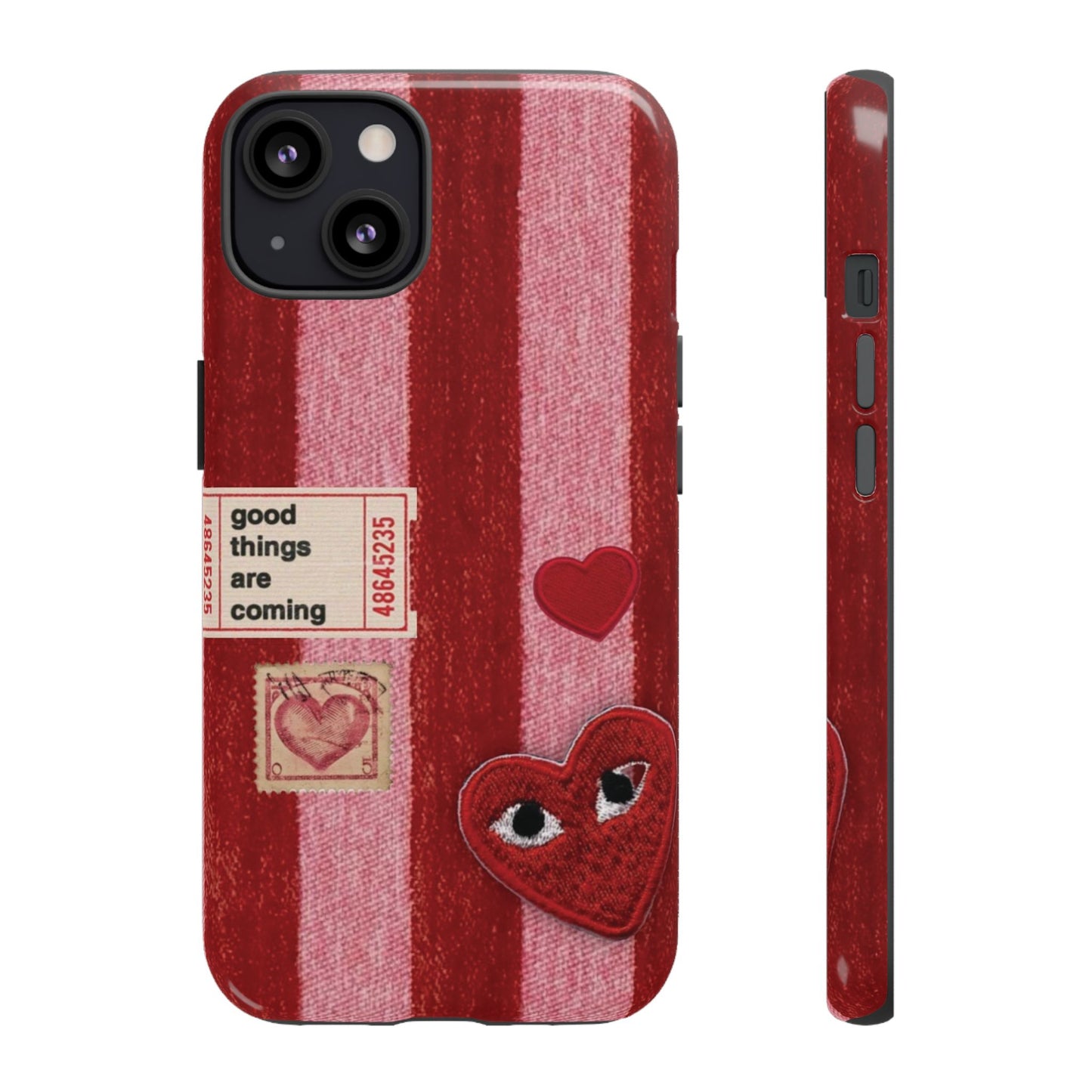 Phone Case — Red Striped Heart Design with “Good Things Are Coming”
