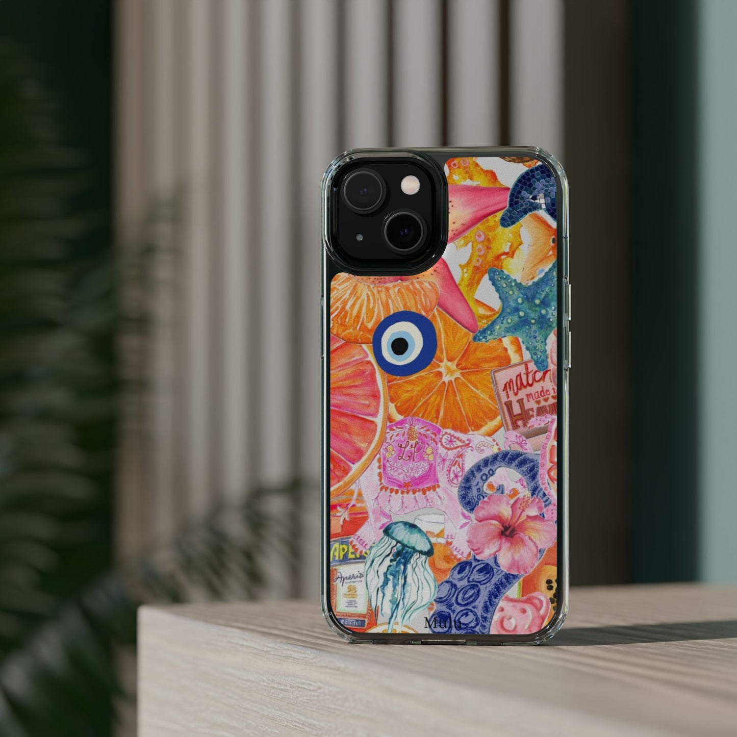 Clear Impact-Resistant Phone Case — Colorful Tropical Collage Design