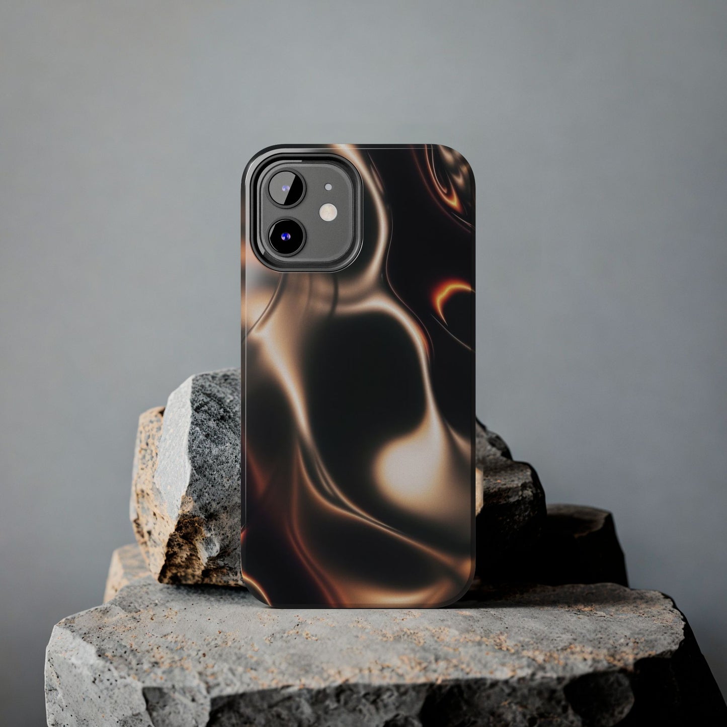 Abstract Liquid Glow Tough Phone Case — Black & Bronze Swirl Protective Cover