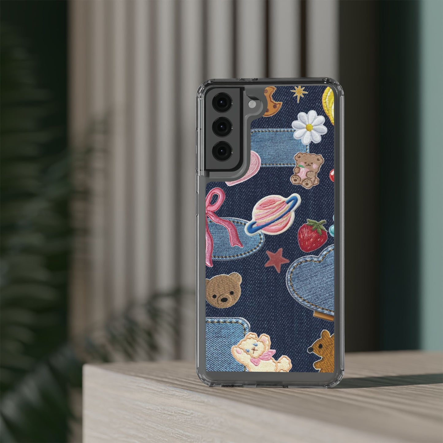 Clear Impact-Resistant Phone Case — Cute Denim Patch Collage (Teddy, Strawberry, Planet)