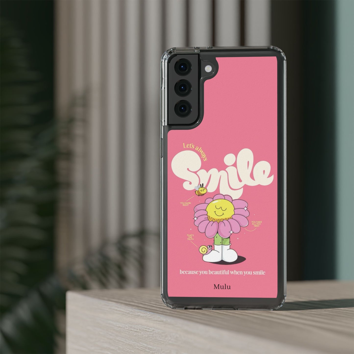 Clear Impact-Resistant Phone Case — Pink 'Smile' Flower Design