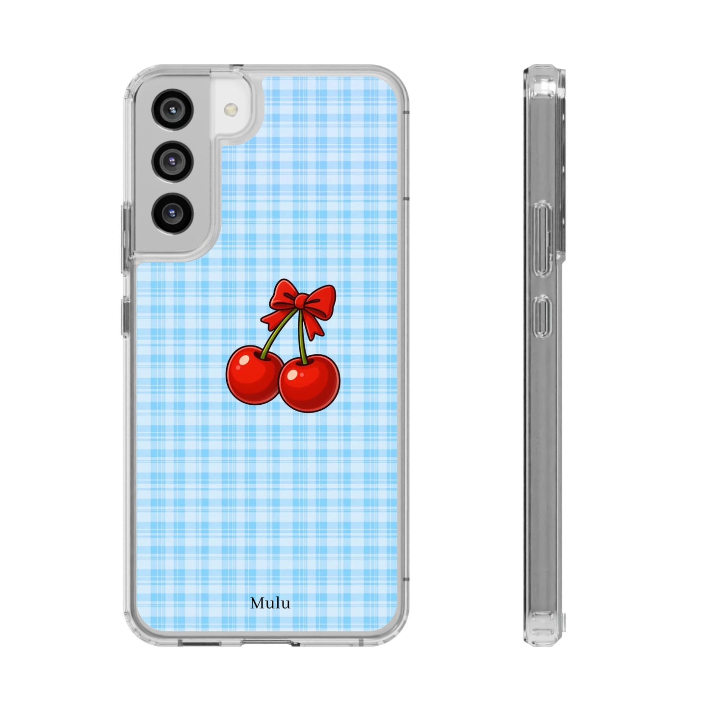 Clear Cherry Gingham Phone Case — Impact-Resistant Clear Case with Red Cherry Design
