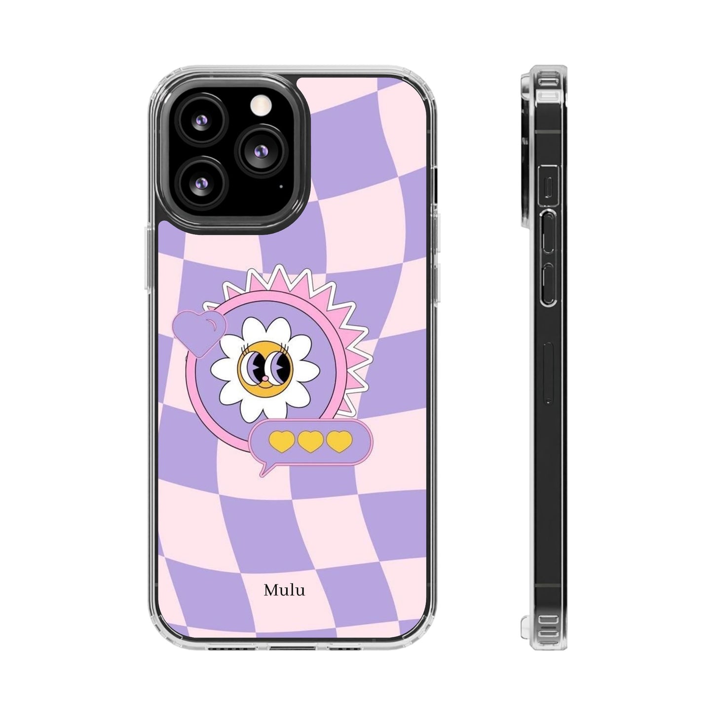 Clear Impact-Resistant Case — Cute Purple Checkerboard Dino with 'Mulu'