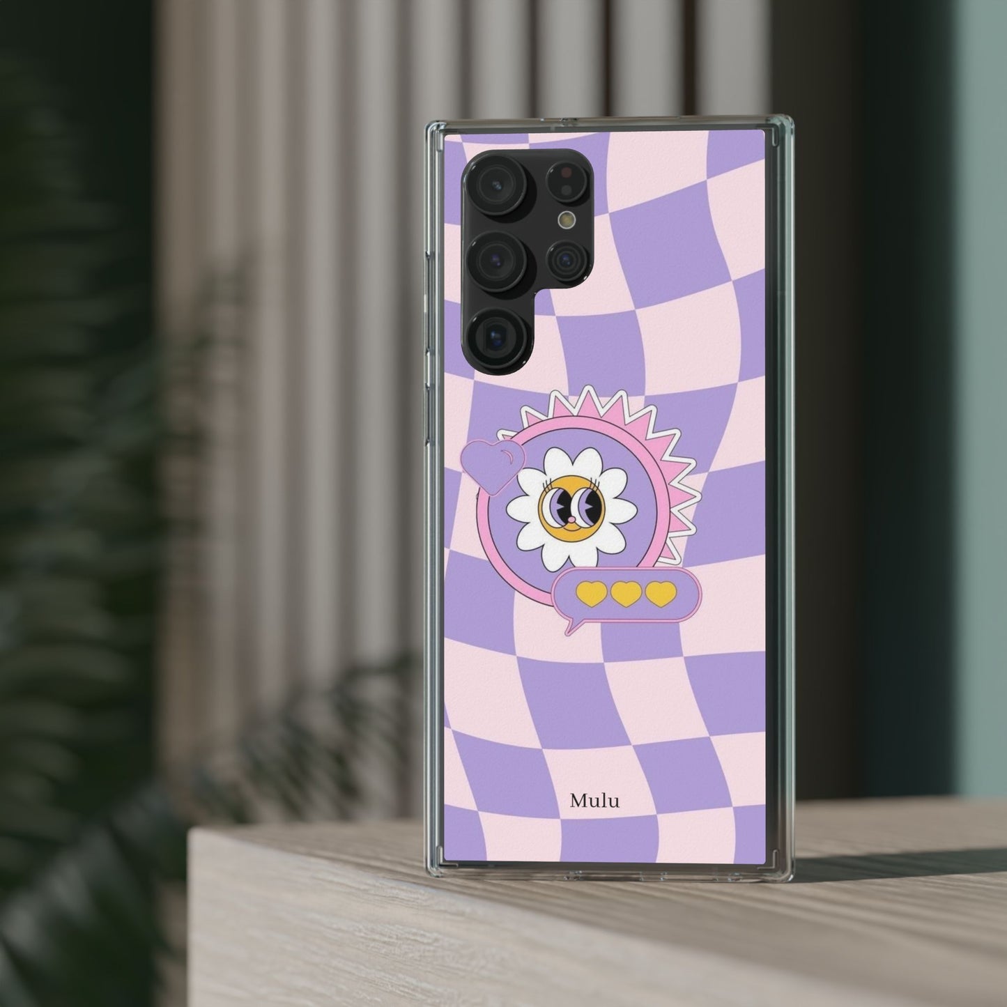 Clear Impact-Resistant Case — Cute Purple Checkerboard Dino with 'Mulu'