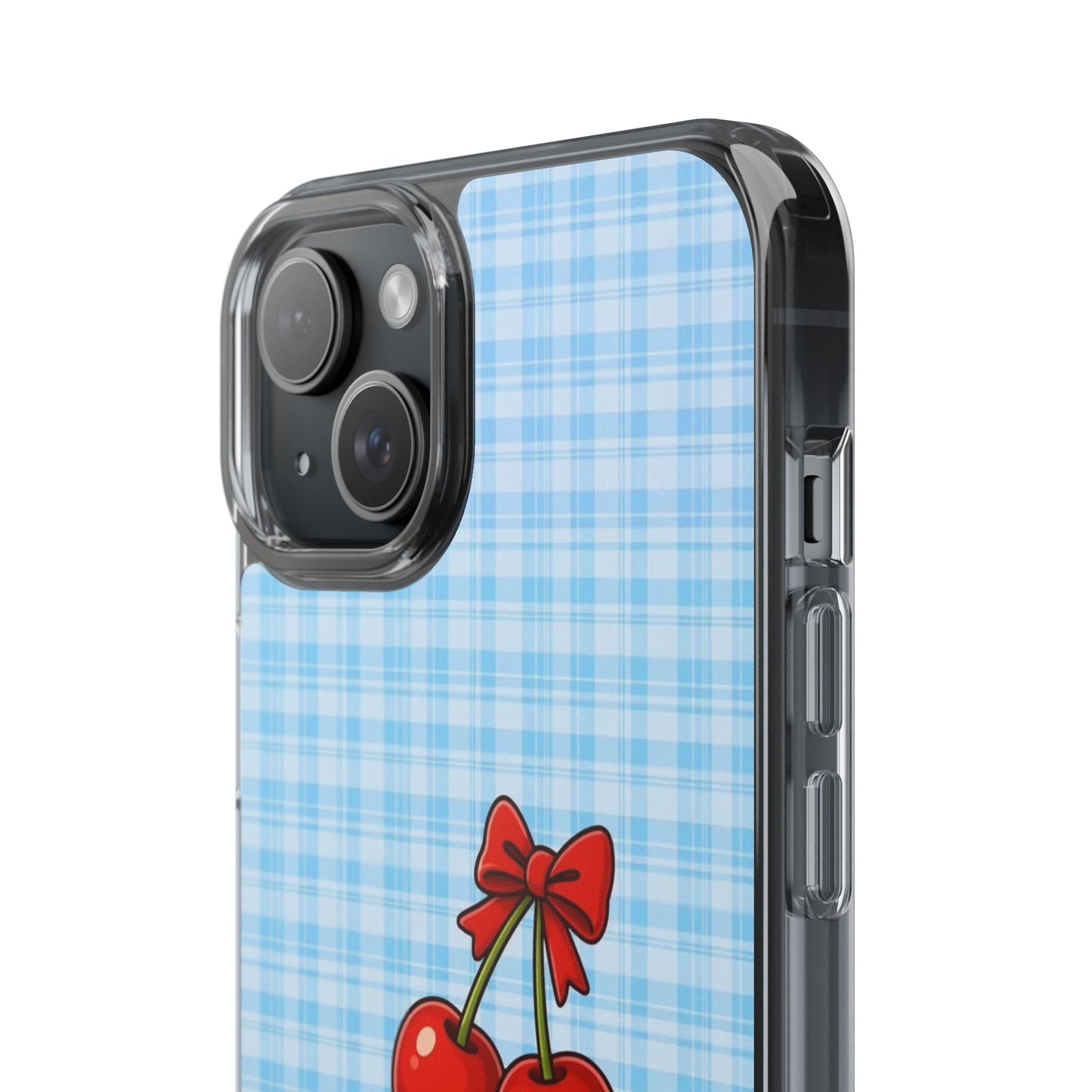 Clear Cherry Gingham Phone Case — Impact-Resistant Clear Case with Red Cherry Design