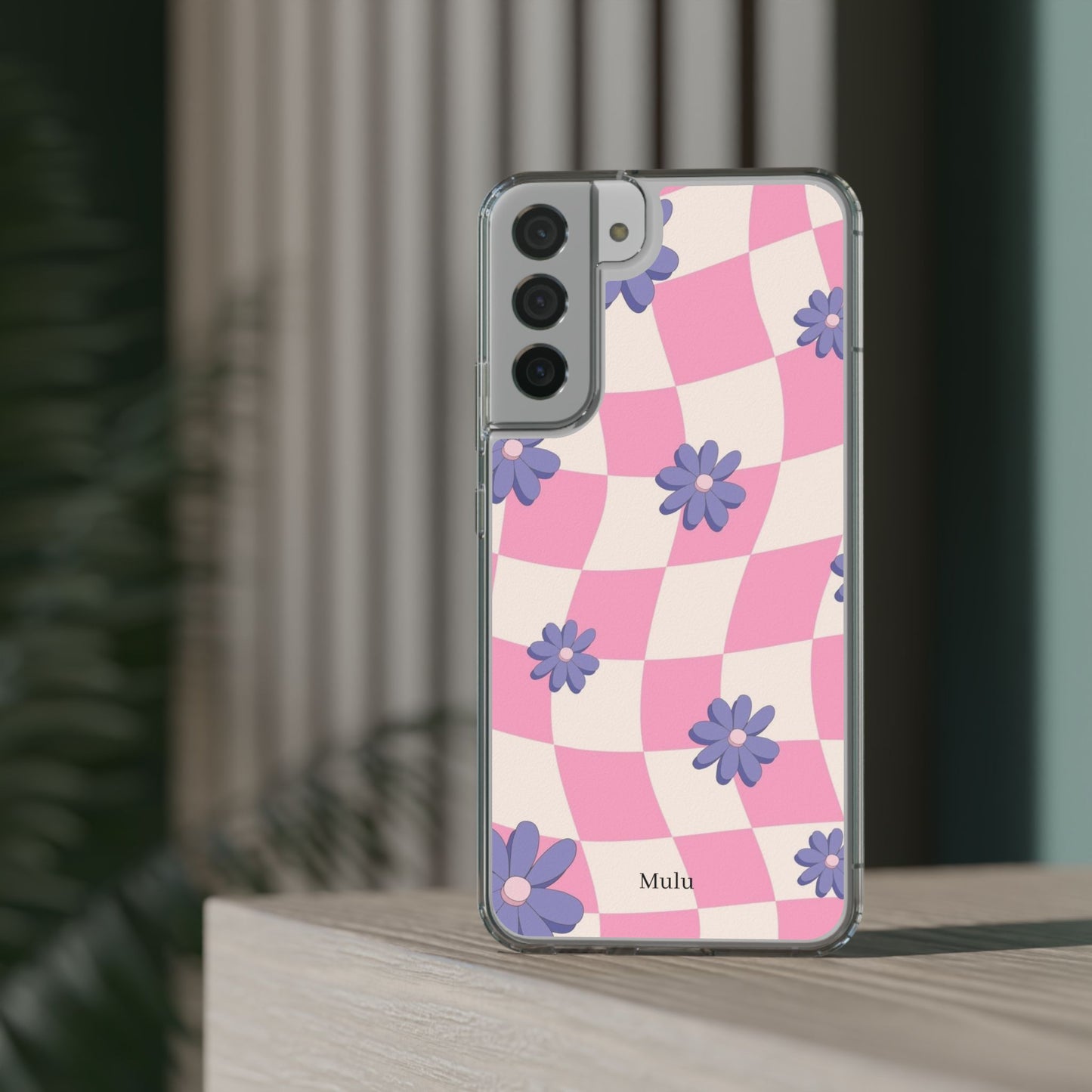 Clear Impact Phone Case — Pink Checkerboard with Purple Flowers