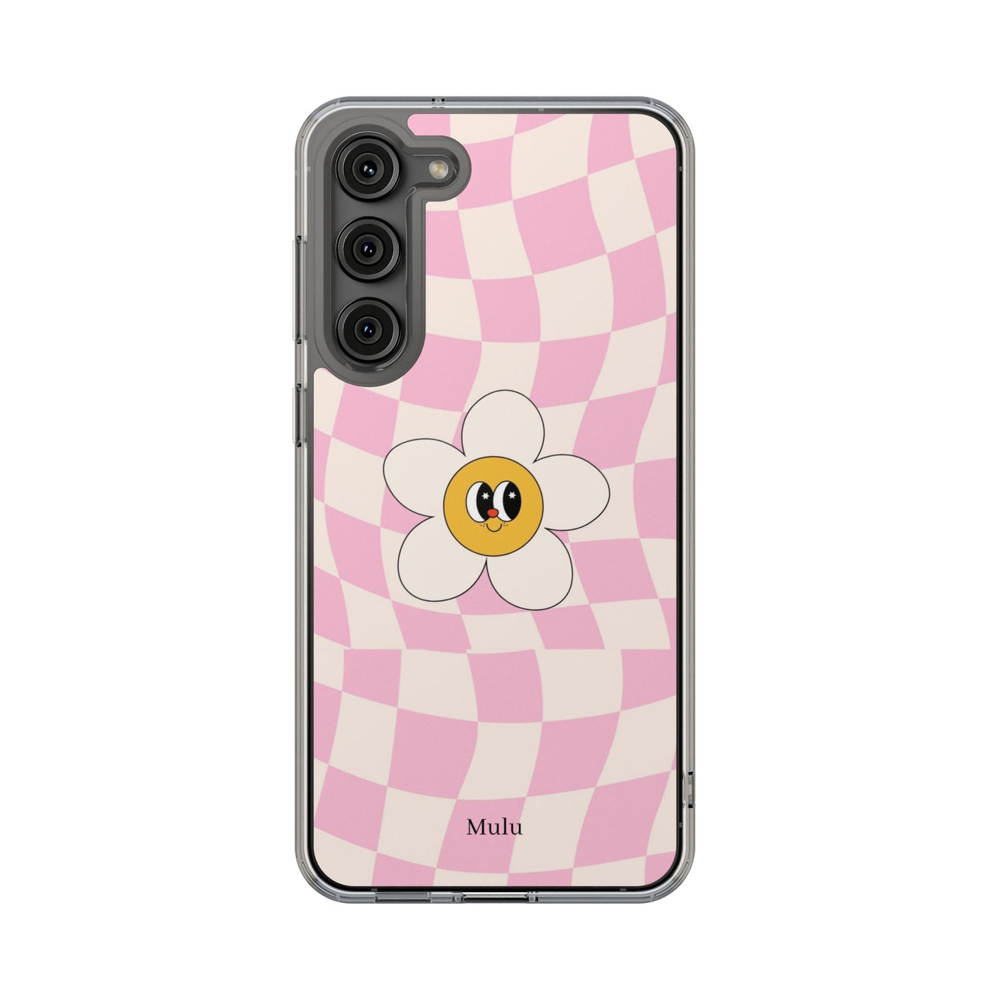 Clear Impact-Resistant Phone Case — Pink Checkerboard Daisy Design