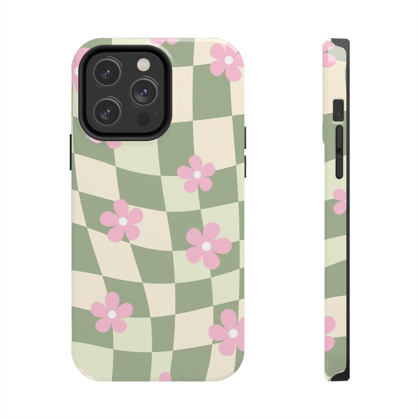 Tough Phone Case — Retro Green Checkerboard with Pink Flowers