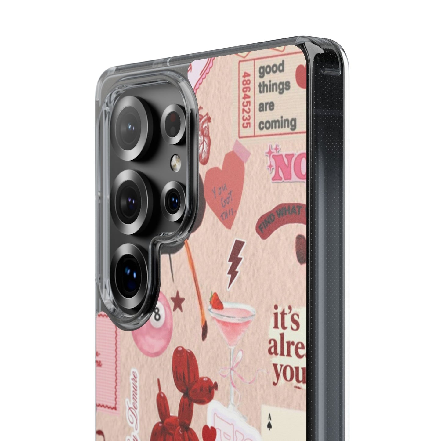 Clear Impact-Resistant Phone Case — Retro Cherry & Sticker Collage