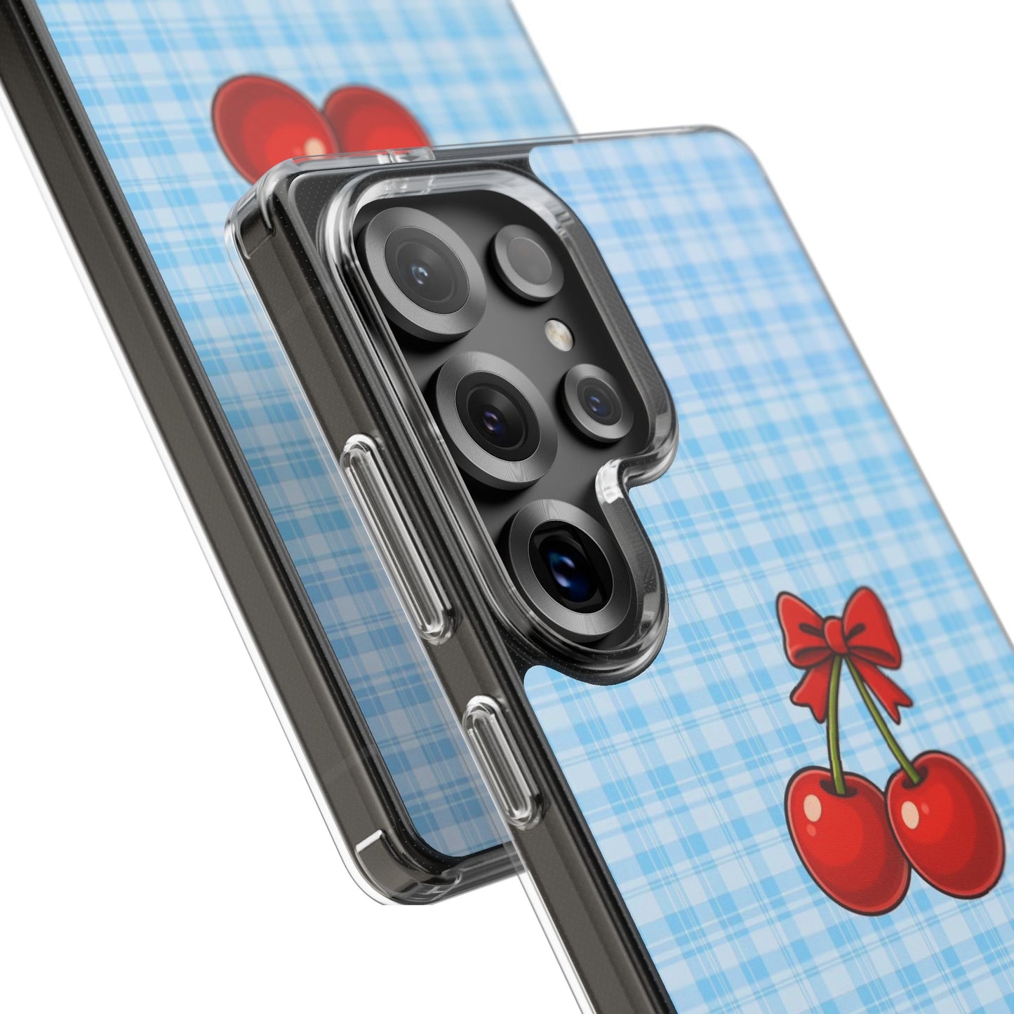 Clear Cherry Gingham Phone Case — Impact-Resistant Clear Case with Red Cherry Design