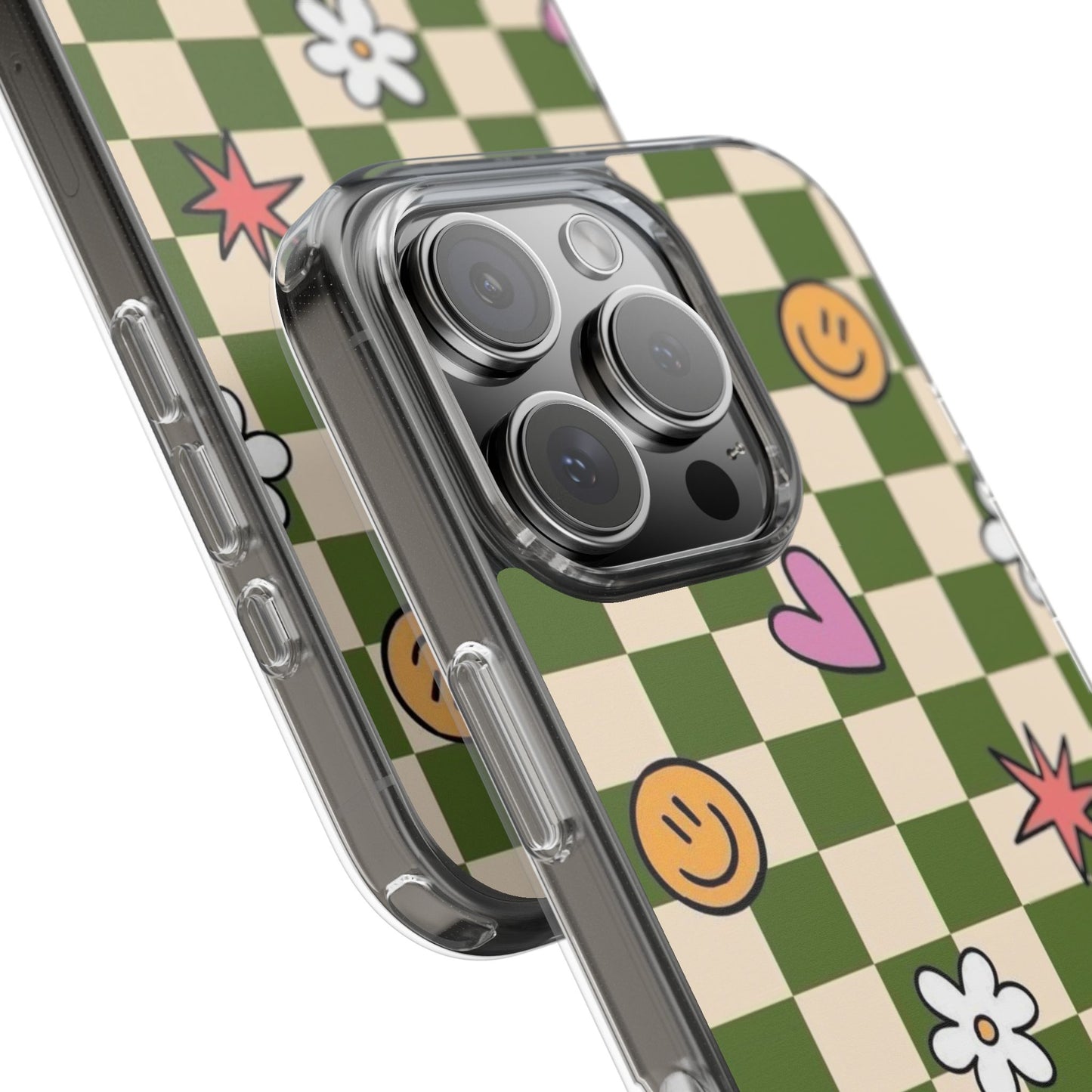 Clear Impact-Resistant Case — Retro Green Checkerboard with Smiley, Hearts & Flowers