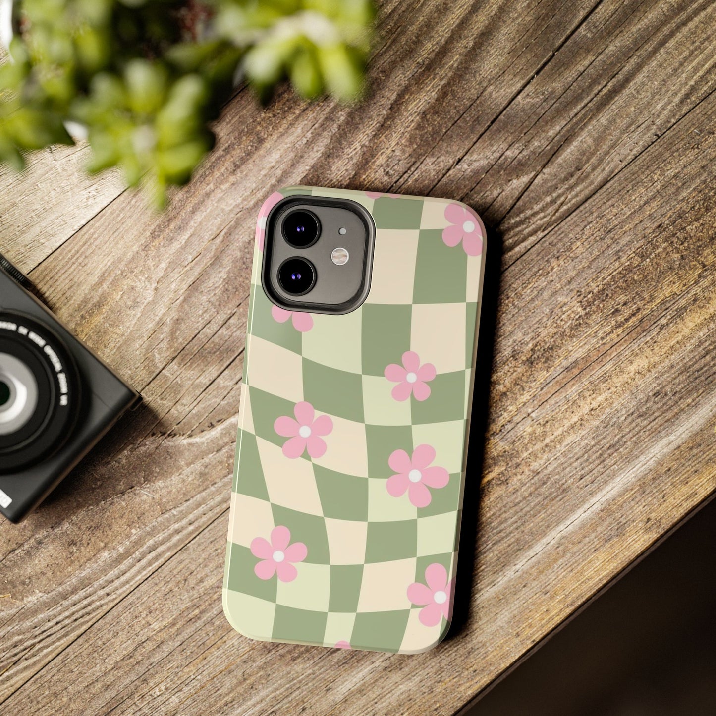 Tough Phone Case — Retro Green Checkerboard with Pink Flowers