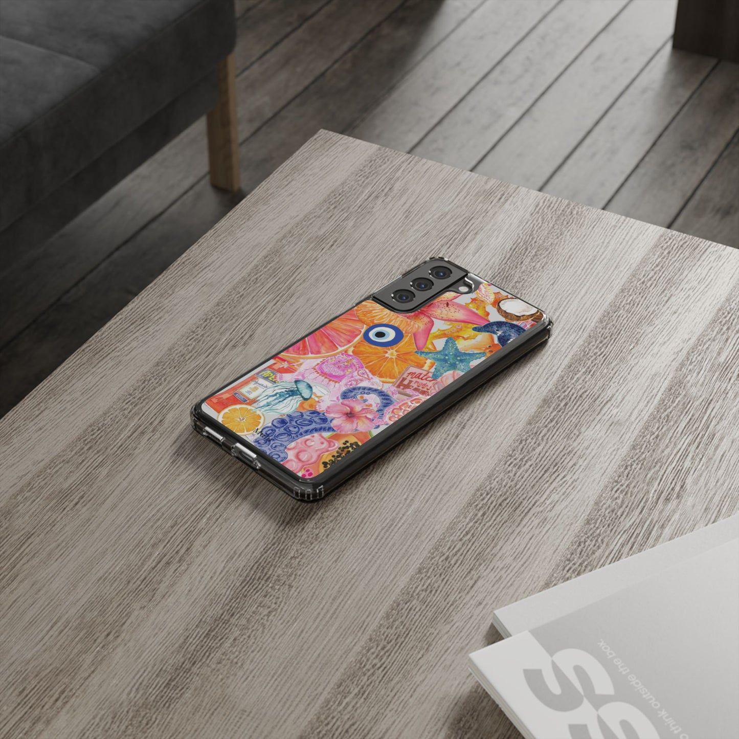 Clear Impact-Resistant Phone Case — Colorful Tropical Collage Design