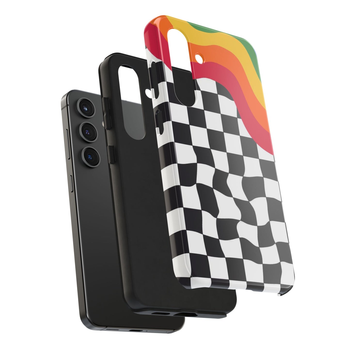 Retro Wavy Checkerboard Tough Phone Case — Rainbow Surf Skate Design