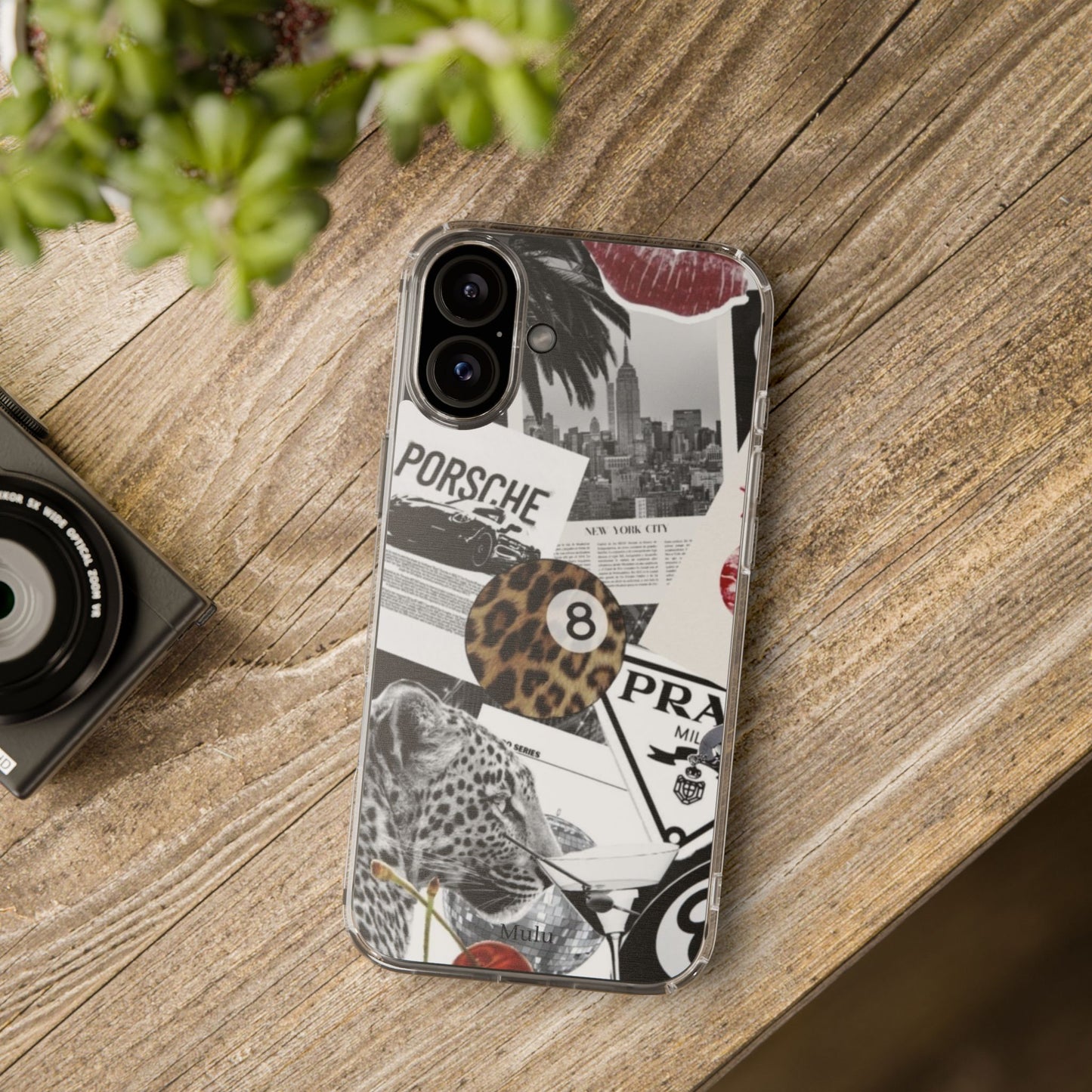 Clear Impact-Resistant Phone Case — Collage Luxury Leopard & Vintage Car Design