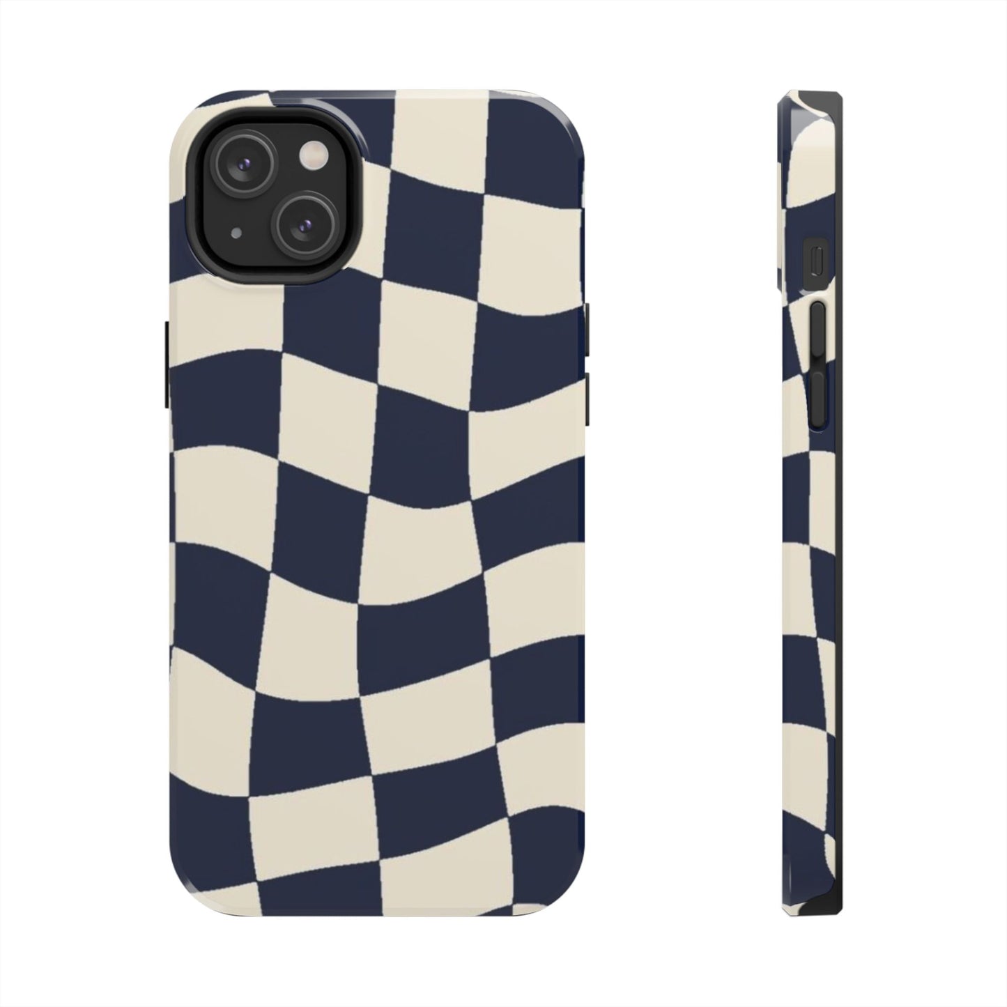 Wavy Checkerboard Tough Phone Case — Navy & Cream Protective Cover