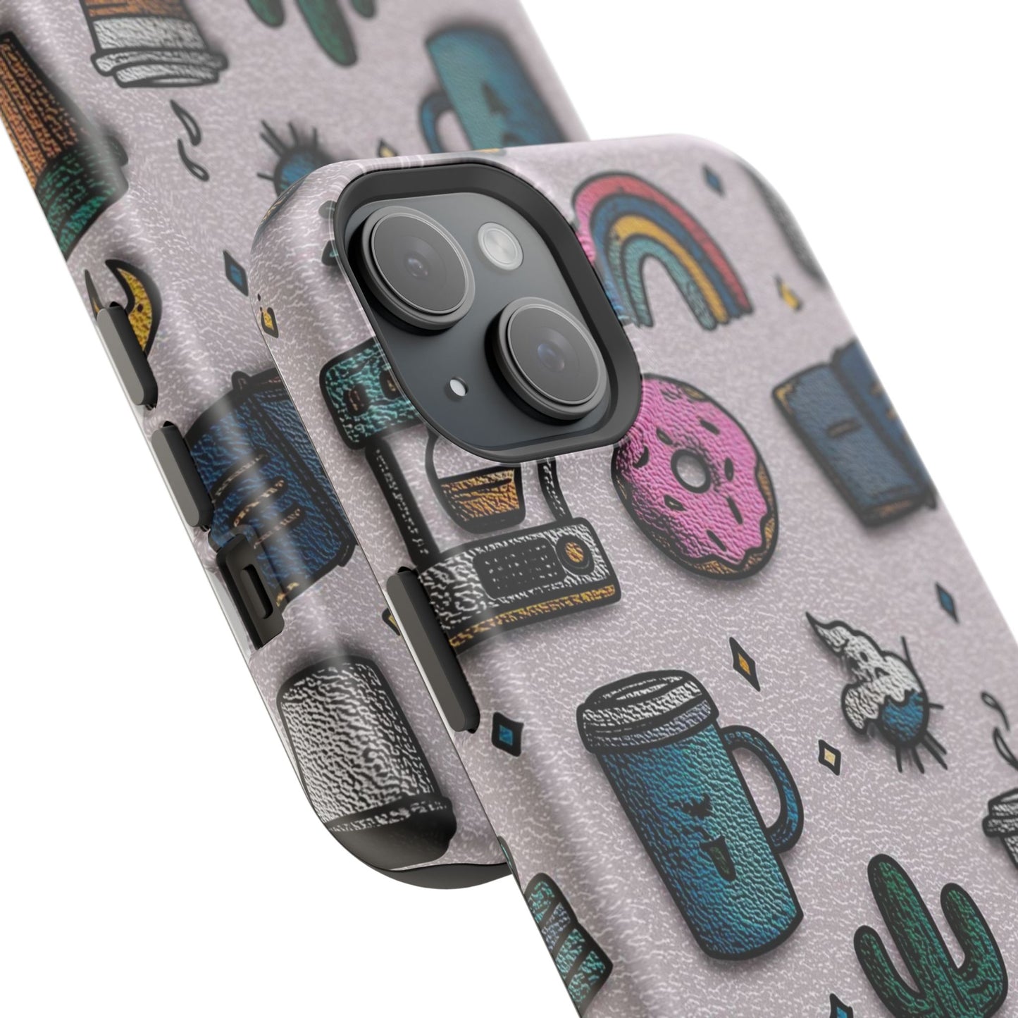 Cute Doodle Phone Case — Magnetic Impact-Resistant Design (coffee, rainbow, cactus)