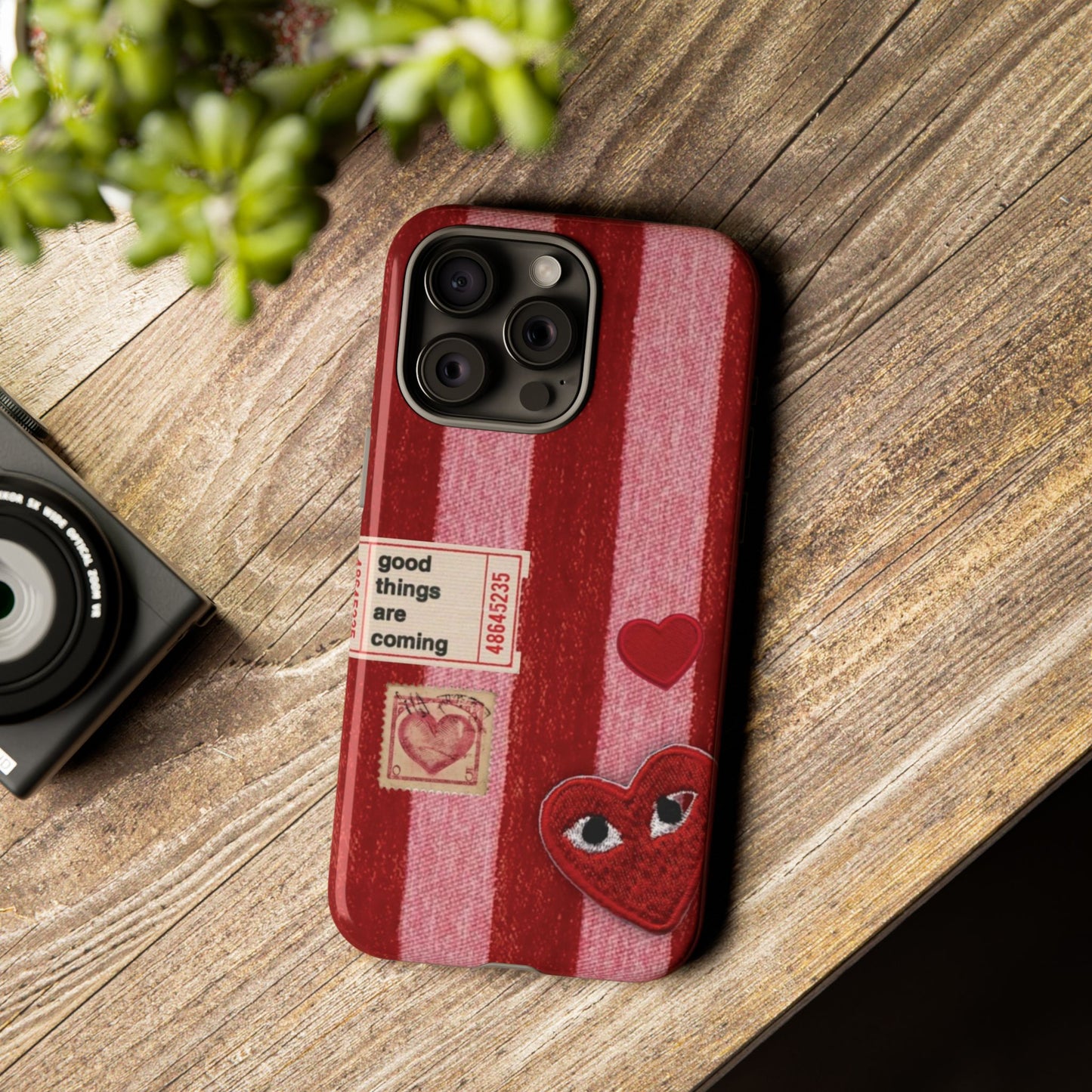 Phone Case — Red Striped Heart Design with “Good Things Are Coming”