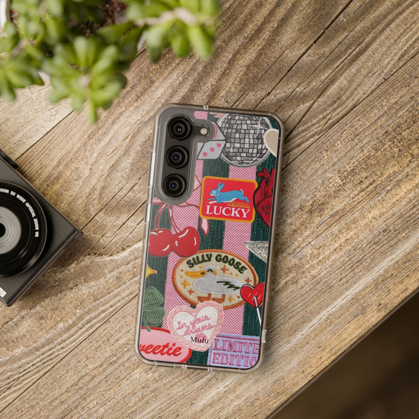 Clear Impact-Resistant Phone Case — Retro Patchwork Stickers (Lucky, Cherries, Silly Goose)