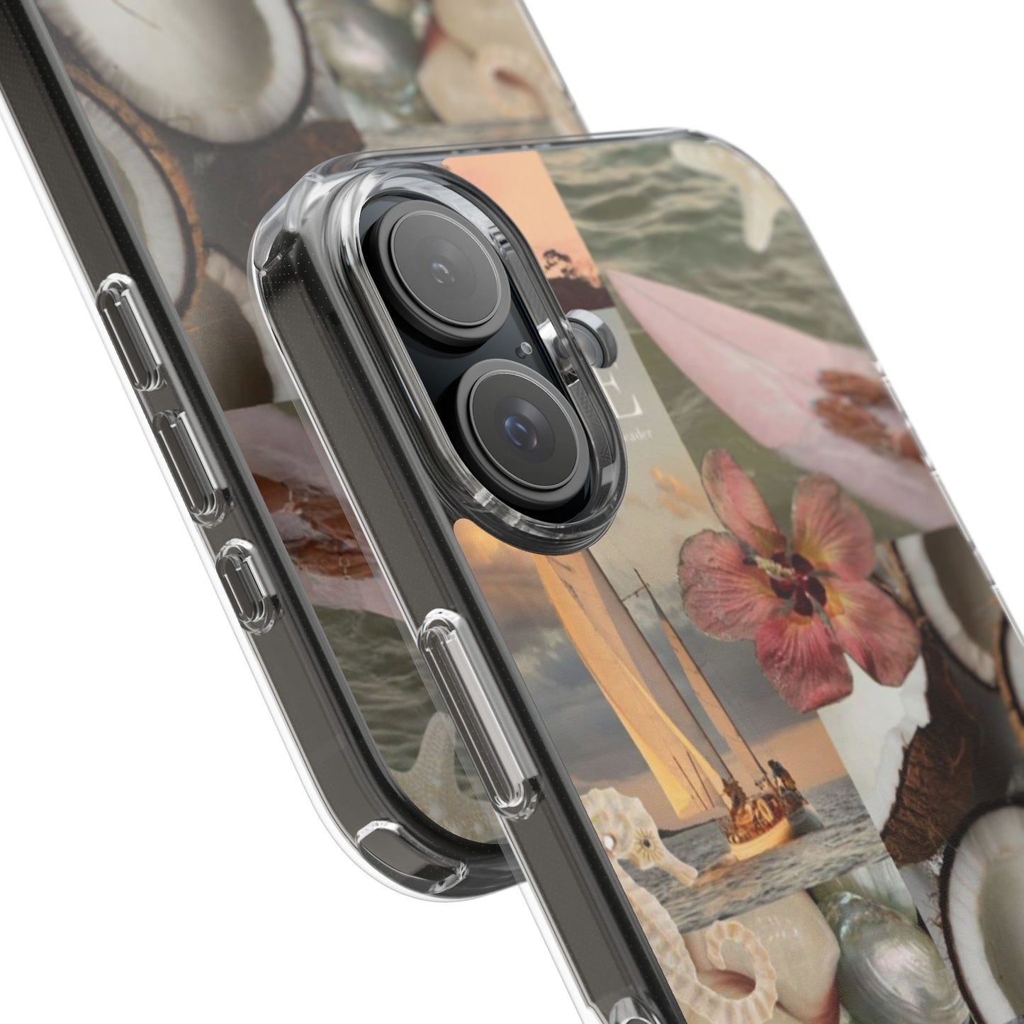 Clear Phone Case — Coastal Collage Shells & Surf Design