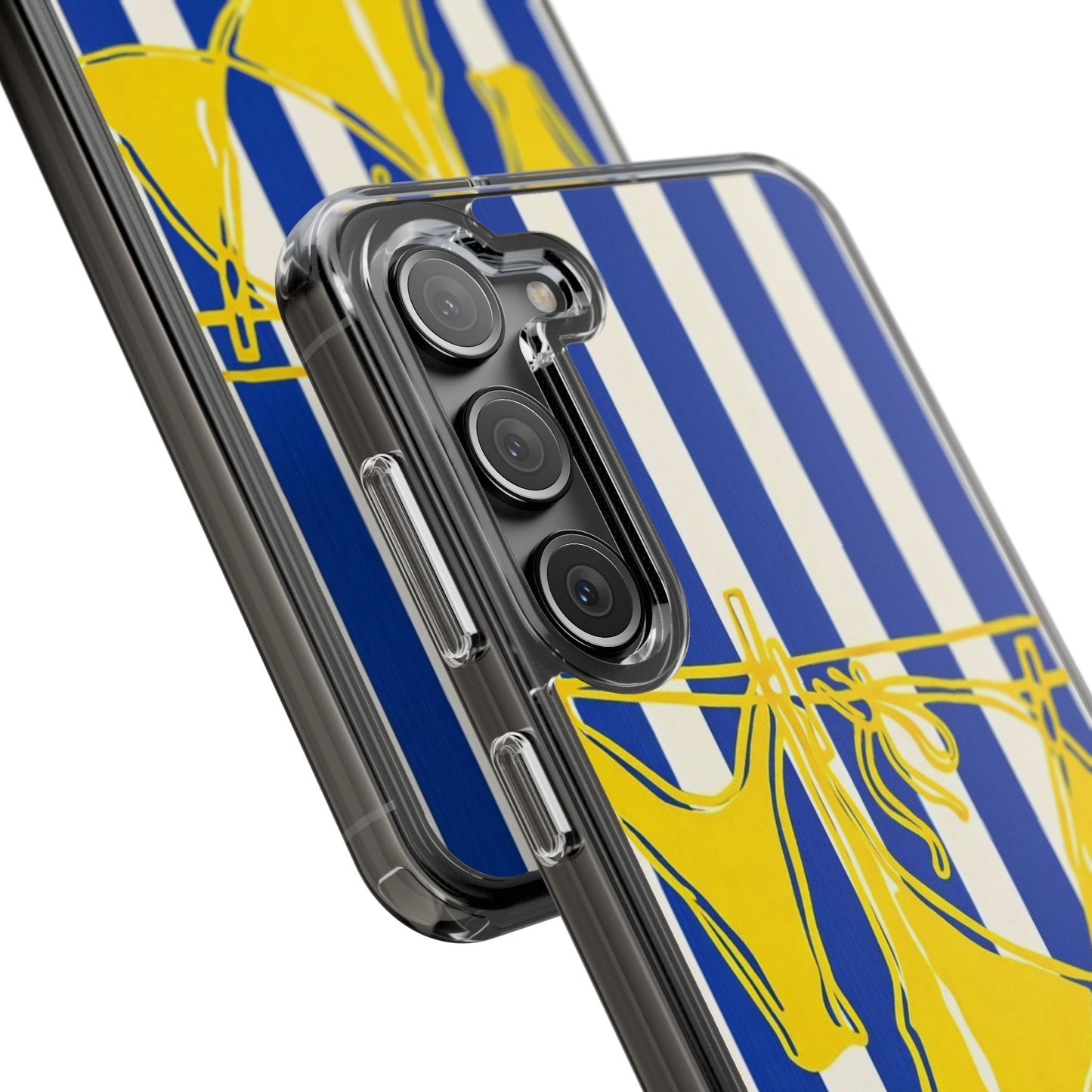 Striped Beach Bikini Phone Case — Yellow Swimwear on Blue & White Stripes, Clear Impact-Resistant