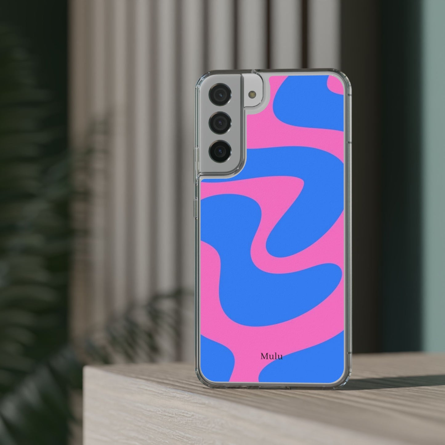 Clear Impact-Resistant Phone Case — Retro Blue & Pink Abstract Swirl