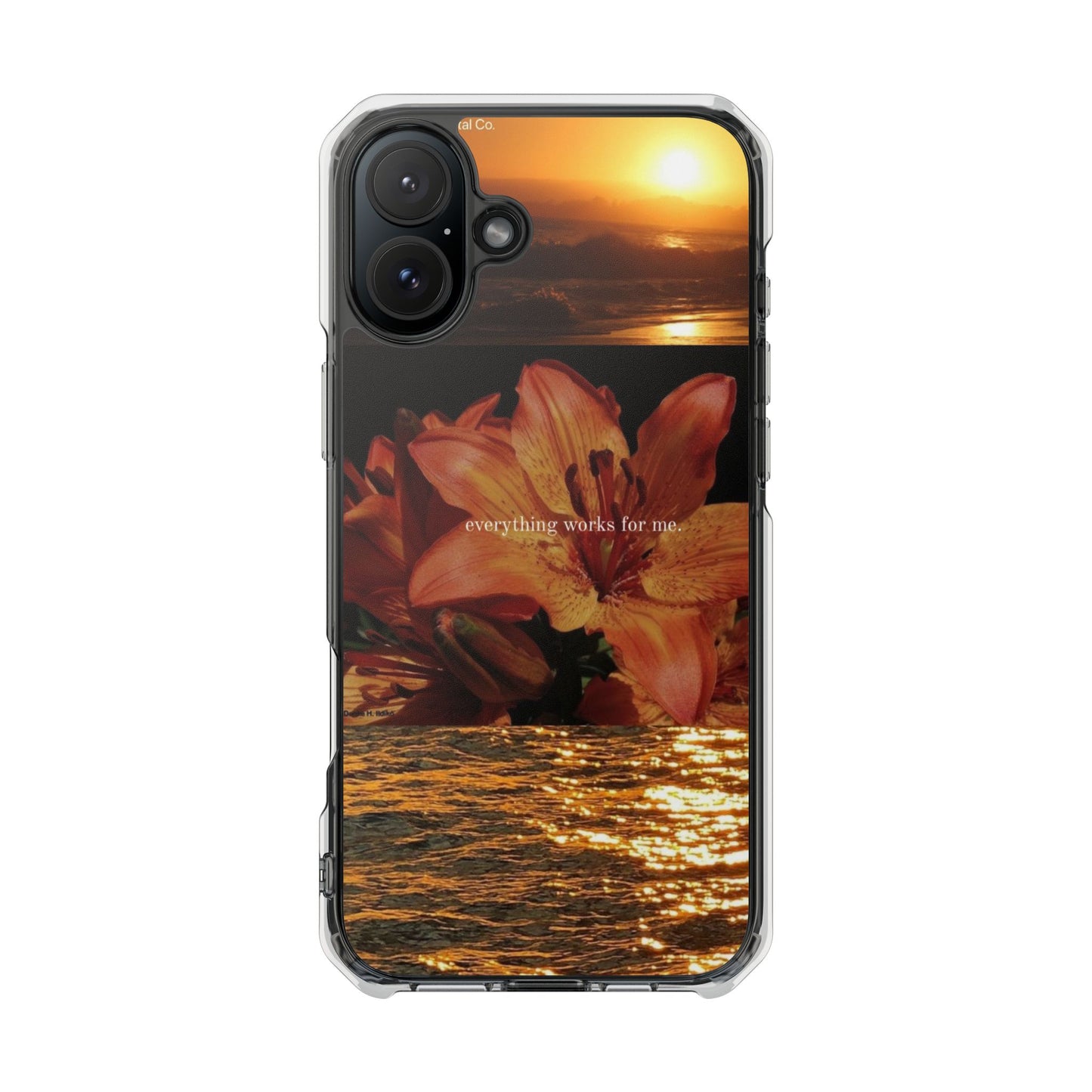 Clear Magnetic Phone Case — Sunset Lily Design ("anything waits for you")