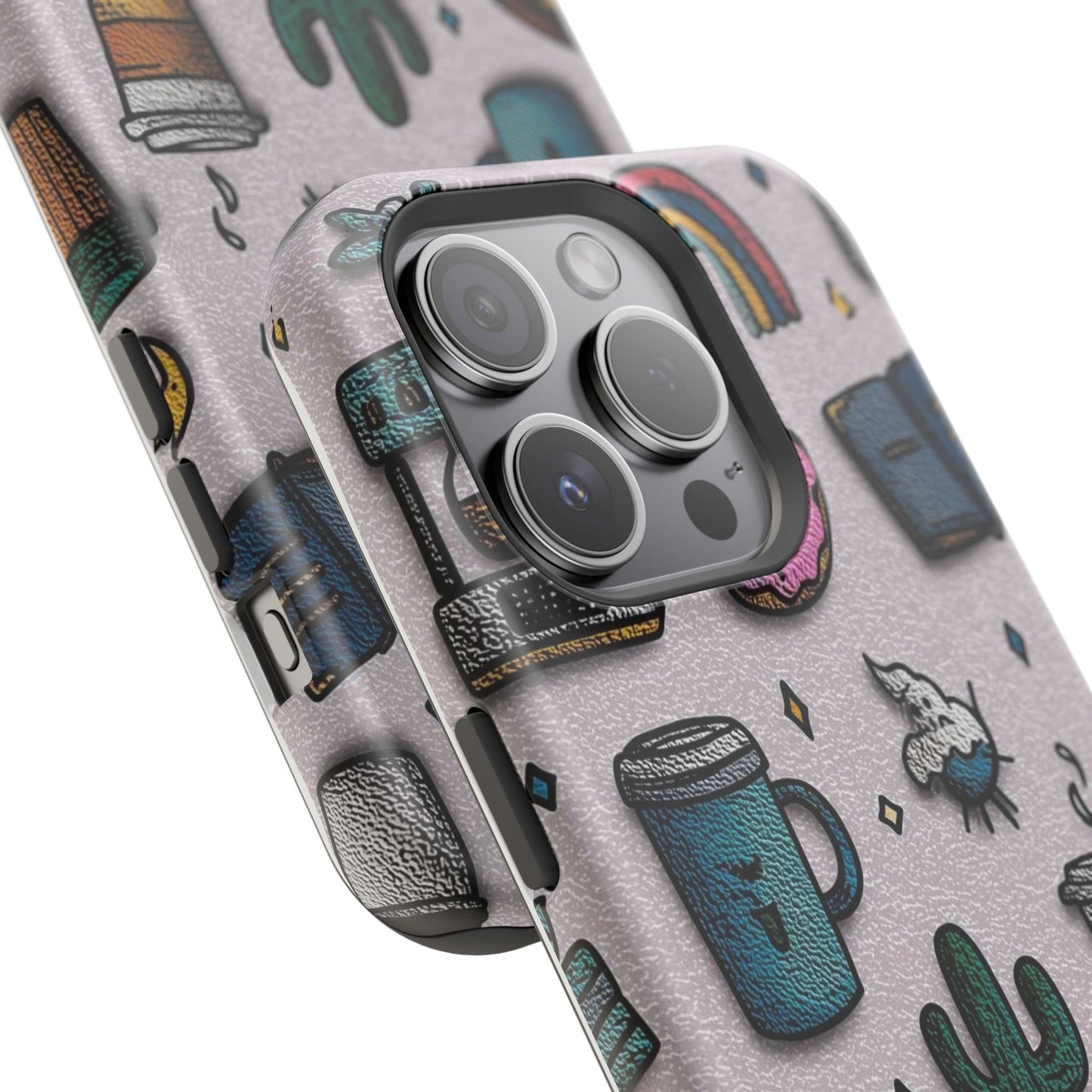 Cute Doodle Phone Case — Magnetic Impact-Resistant Design (coffee, rainbow, cactus)