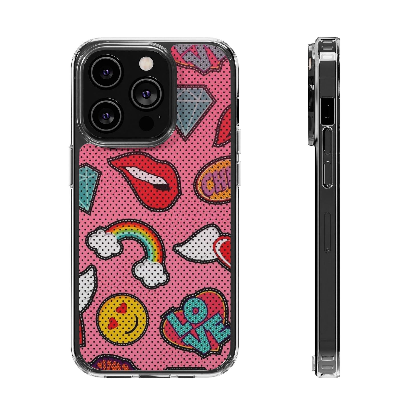Clear Impact-Resistant Phone Case — Pink Pop Sticker Pattern (Hearts, Rainbows, Smileys)