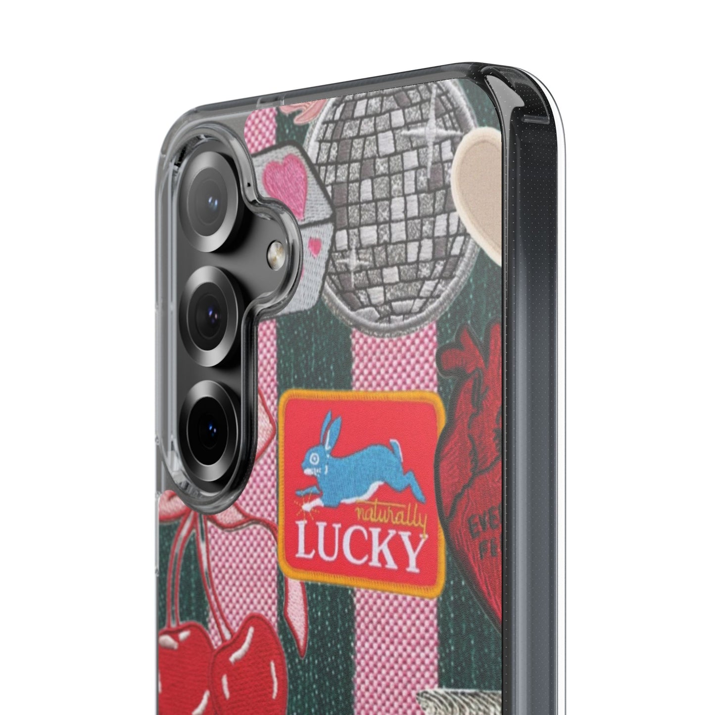Clear Impact-Resistant Phone Case — Retro Patchwork Stickers (Lucky, Cherries, Silly Goose)
