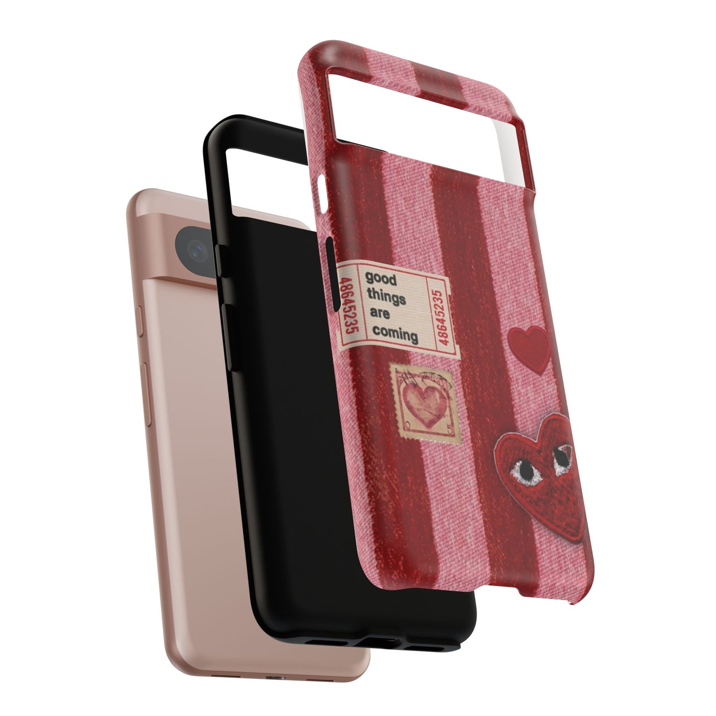 Phone Case — Red Striped Heart Design with “Good Things Are Coming”