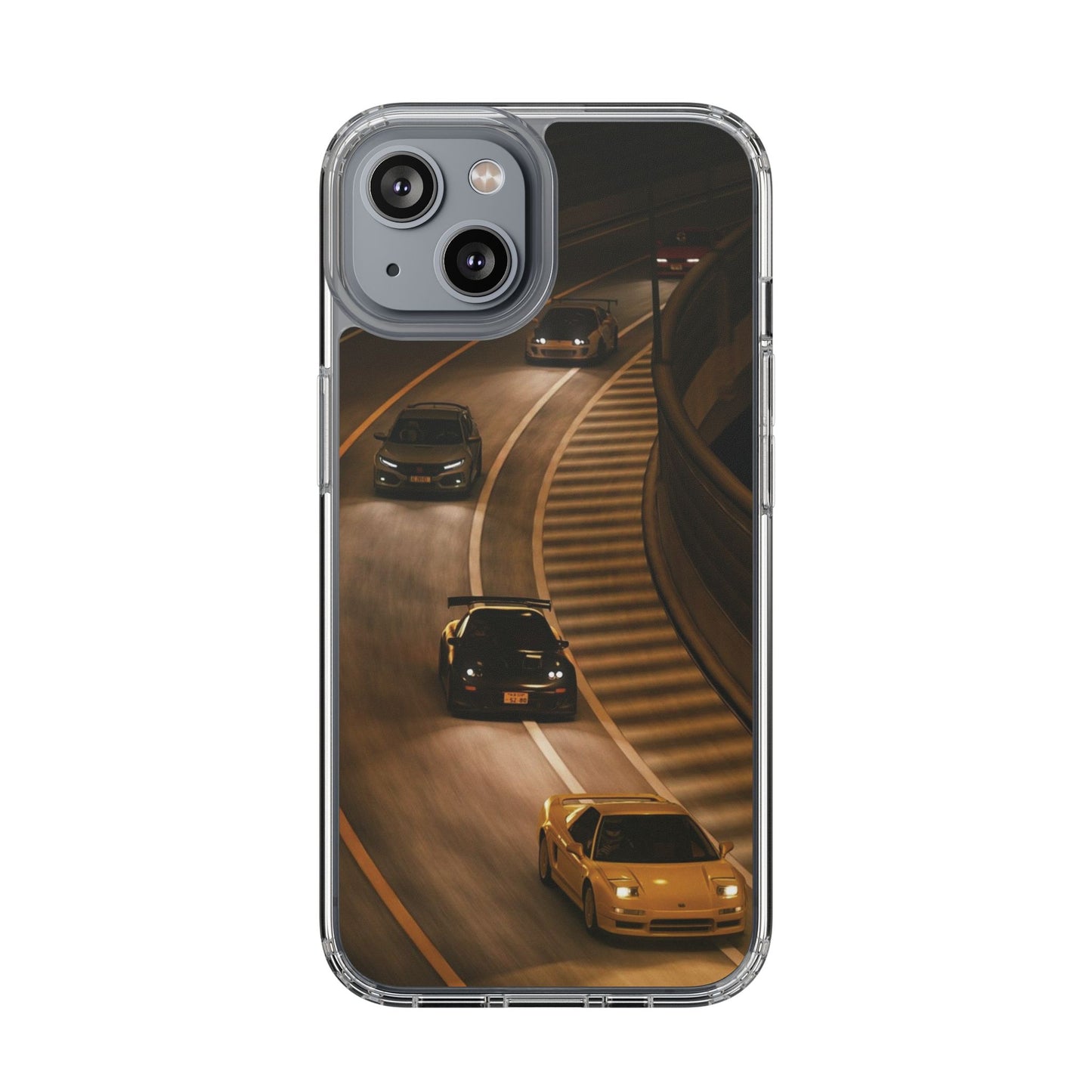 Racing Night Clear Phone Case – Sports Cars on Curved Highway